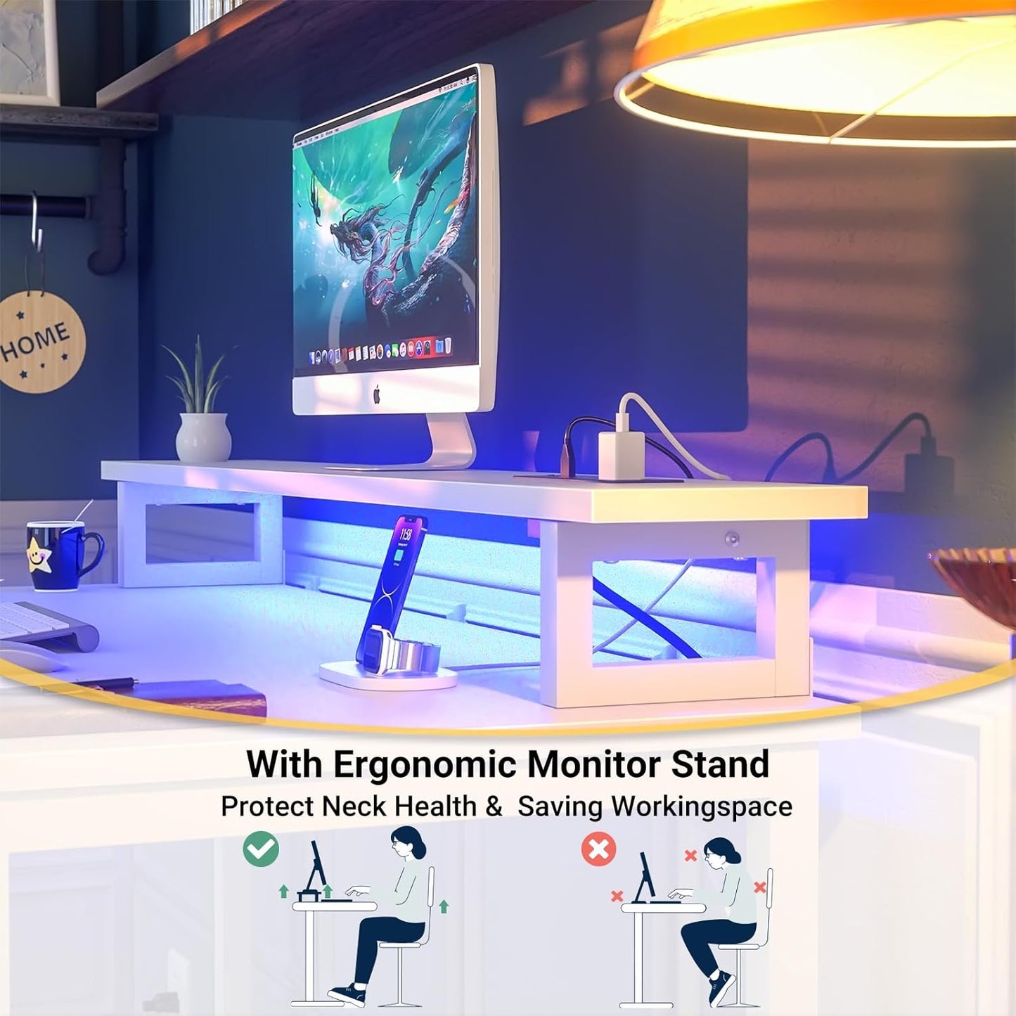 Computer Desk with USB Power Outlets and LED Lights, 47 inch Gaming Desk with Monitor Stand for Small Space Home Office, Modern Simple Study Writing Table PC Desks, White