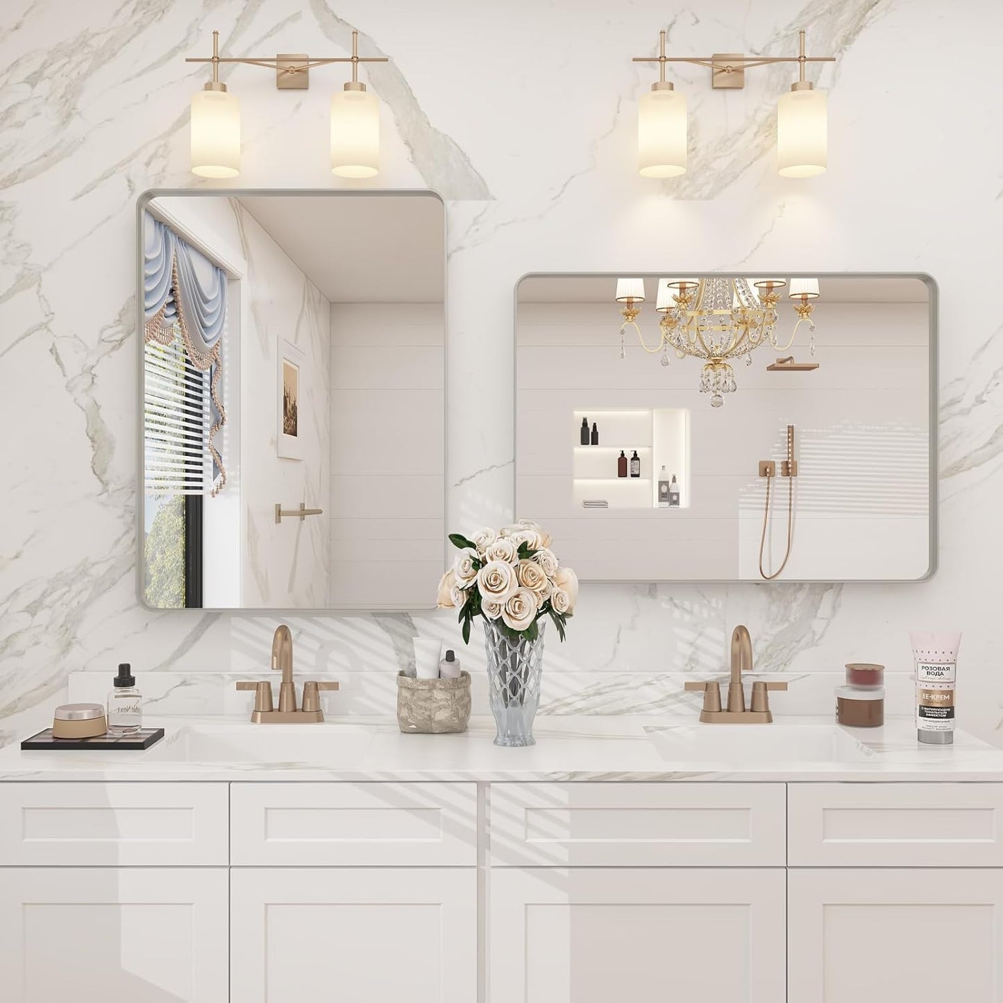 16x24 Inch Brushed Nickel Bathroom Mirror, Rounded Rectangle Silver Metal Frame Mirror, Silver Bathroom Vanity Mirror, Anti-Rust, Hangs Horizontally or Vertically