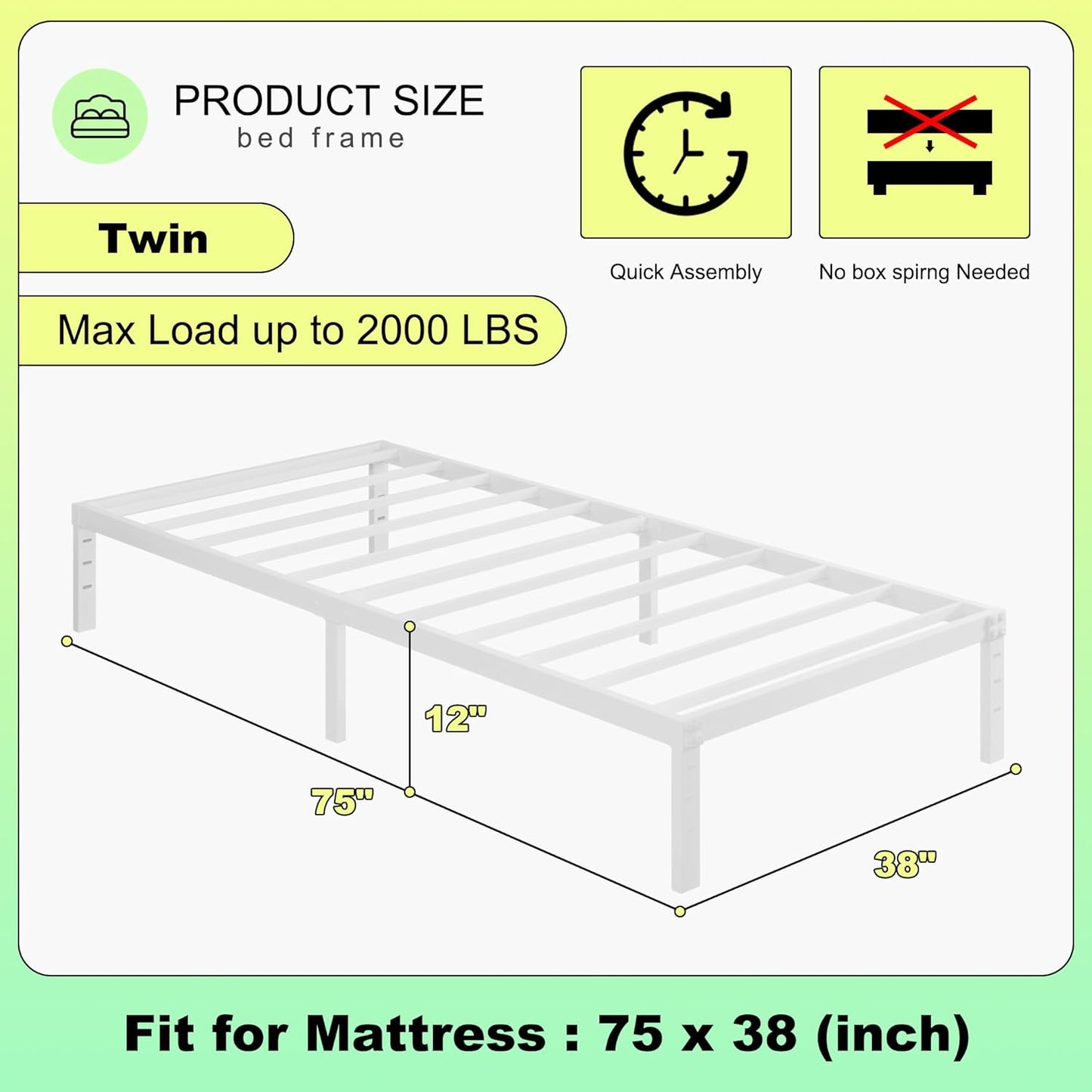 12 Inch Twin Bed Frames, Heavy Duty Metal Twin Platform Bed Frame, No Box Spring Needed, Easy Assembly, Noise-Free, White