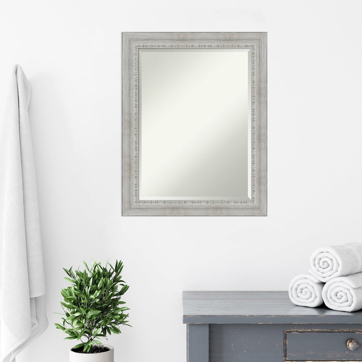 Amanti Art White Bathroom Mirror for Over Sink, 29x23 Rustic White Wash Rectangle Vanity Mirror, Medium Rustic Farmhouse Wood Frame, Hangs Horizonally and Vertically, Bathroom Wall Decor, Beveled Edge