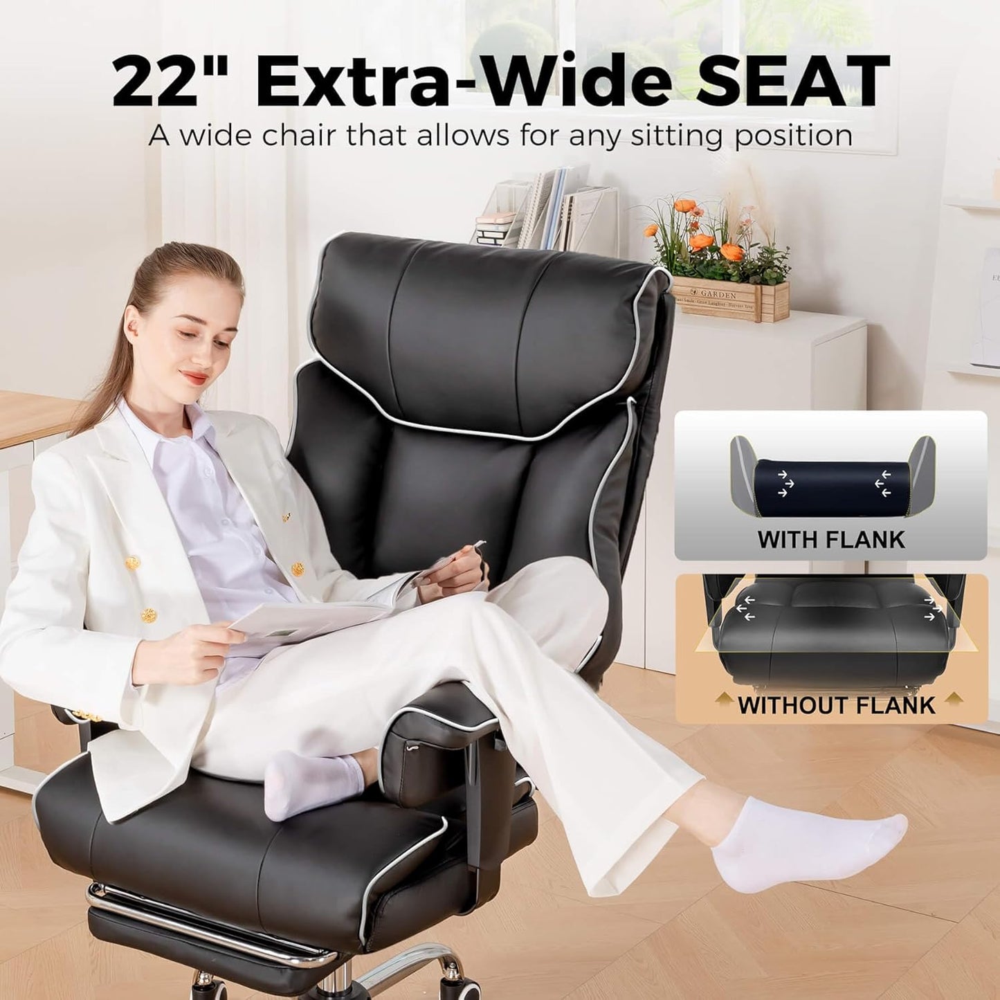 COMHOMA Big and Tall Office Chair 400lbs High Back Gaming Chair with Ergonomic Lumbar Support & Pocket Spring Cushion for Lower Back Pain Relief, Leather Executive Chair with Foot Rest, White/Black