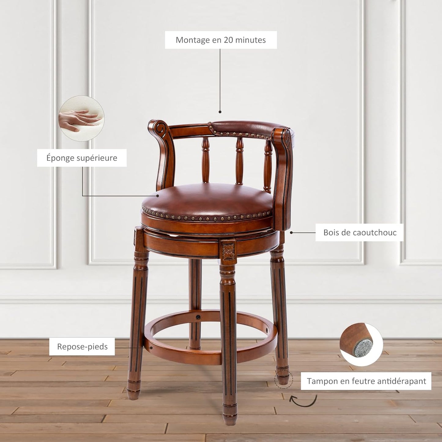 Cow top Leather Wooden Bar Stools, 360 Degree Swivel Bar Height Chair with Backs for Home Kitchen Counter, Morden Chair Barstools (Brown 1pc, Counter Height-Seat Height 26”)