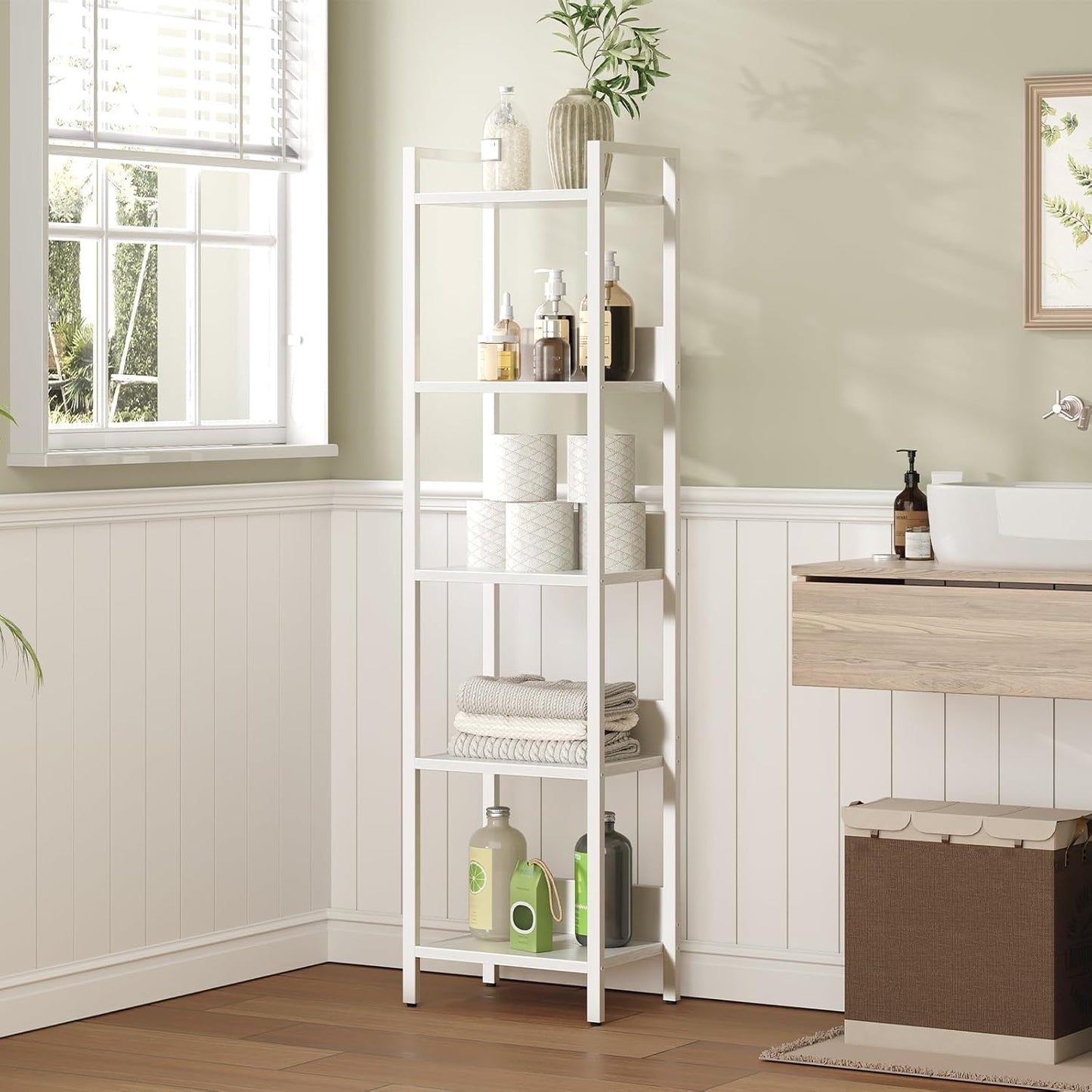 Bookshelf, 5-Tier Bookcase, Standing Book Shelf for Small Space, Storage Shelf Organizer, for Living Room, Bedroom, Study, Balcony, White BKBW5501