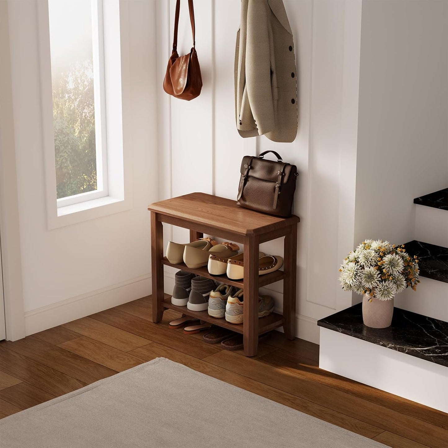 Wood Shoe Rack Bench for Entryway, 2 Tier Shoe Rack for Front Door Entrance, Shoe Bench with Shoe Storage for Entryway, Bedroom, 23.6"