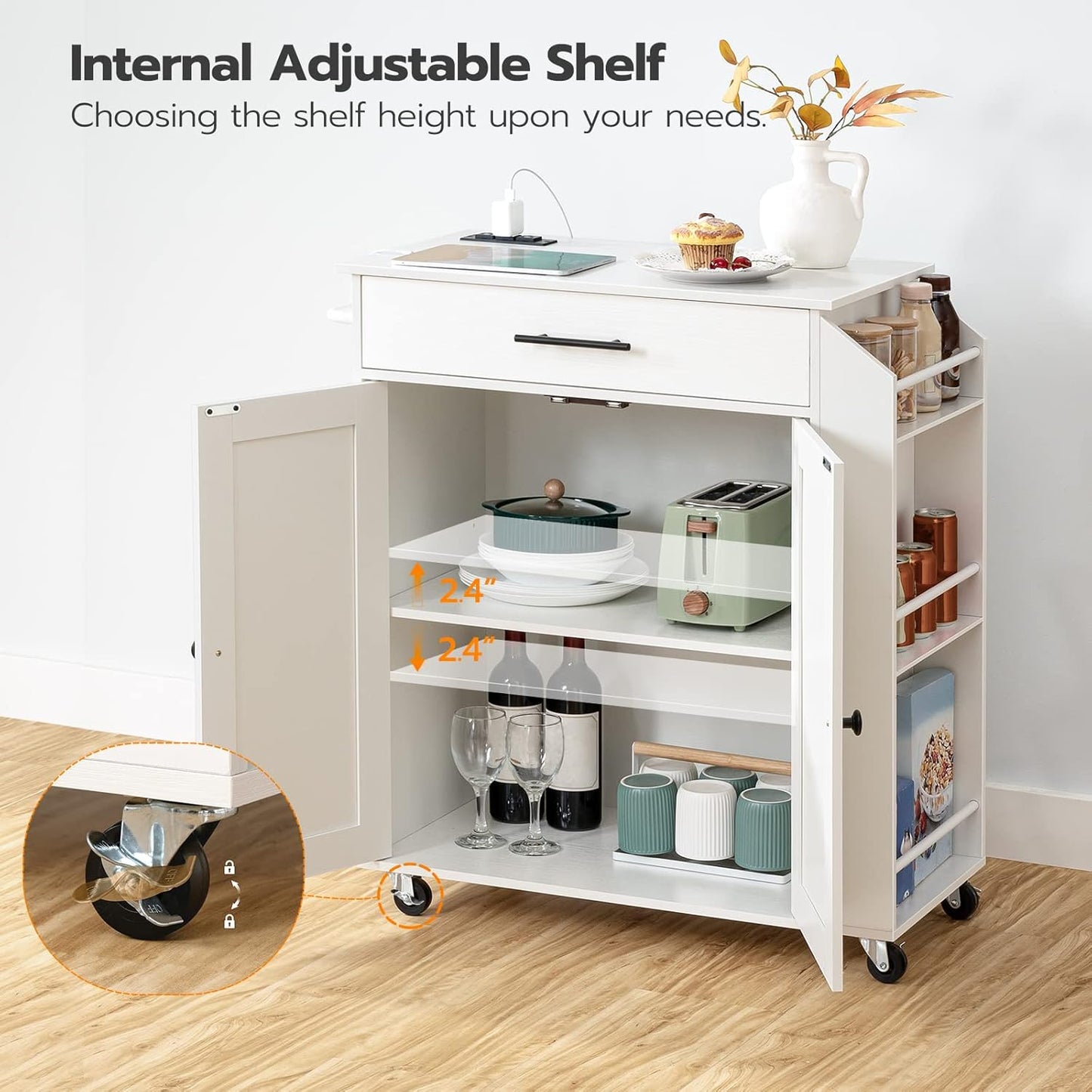 HOOBRO Kitchen Island with Power Outlet, Kitchen Storage Island with Spice Rack and Drawer, Rolling Kitchen Cart on Wheels, for Home, Kitchen and Dining Room, White WT82UZD01G1