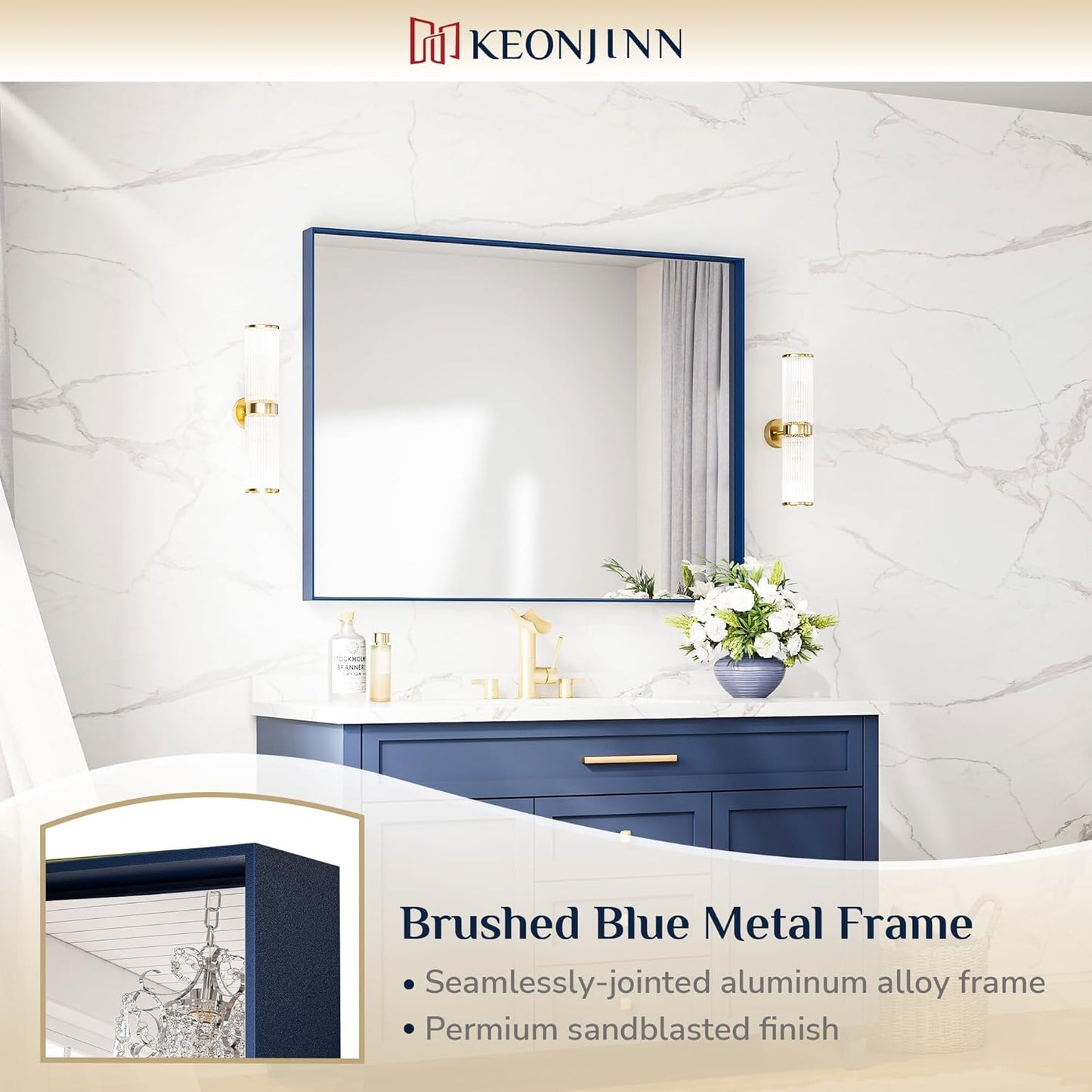Keonjinn Blue Bathroom Mirror 40 x 30 Inch, Metal Frame Rectangular Wall Mirror, Modern Farmhouse Navy Blue Mirrors, Large Square Corner Rectangle Mirrors for Over Sink