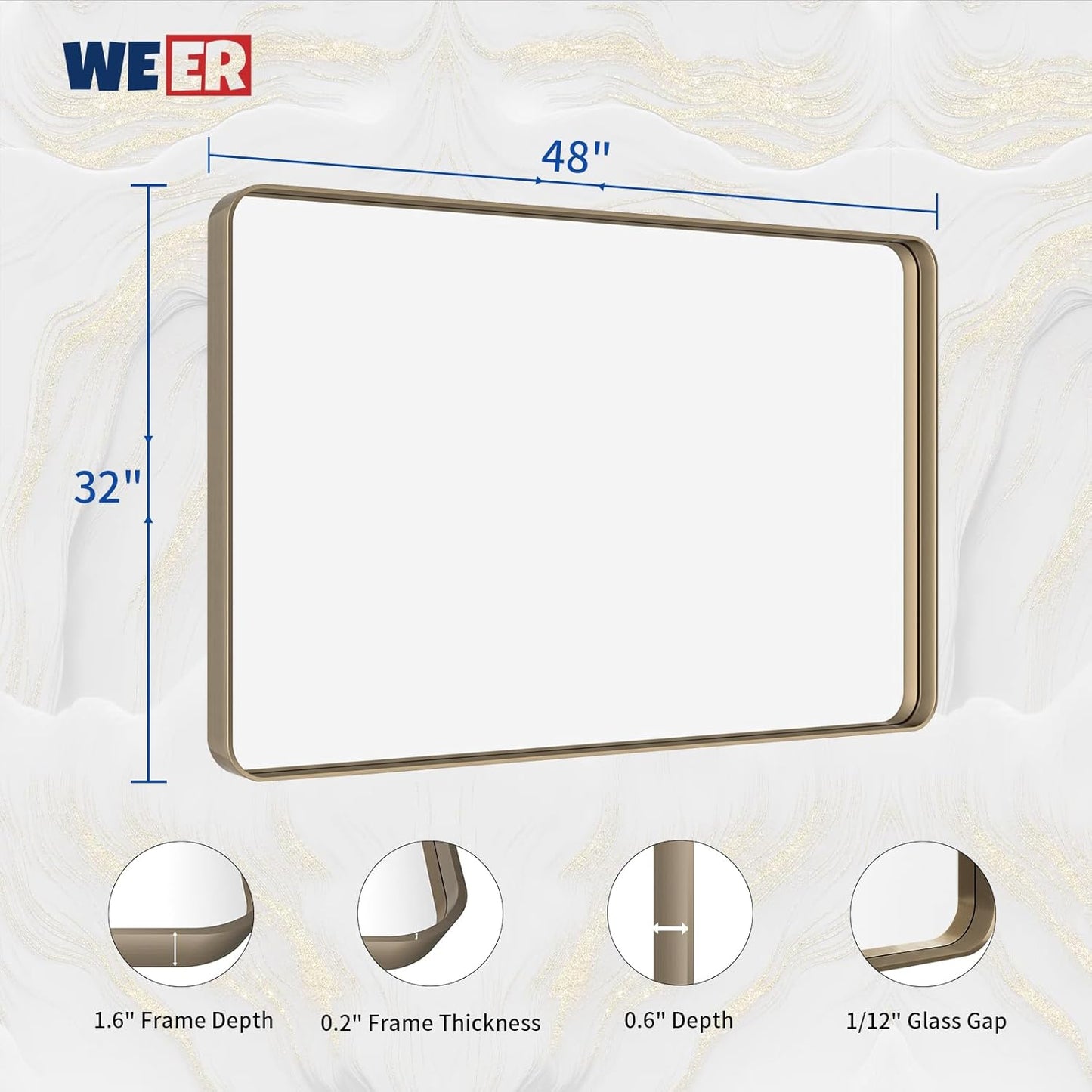 WEER 48x32 Inch Bronze Bathroom Mirror for Vanity, Brushed Bronze Metal Frame Mirror for Wall, Rounded Rectangle Bronze Frame Mirror with Tempered Glass, Anti-Rust (Horizontal/Vertical)