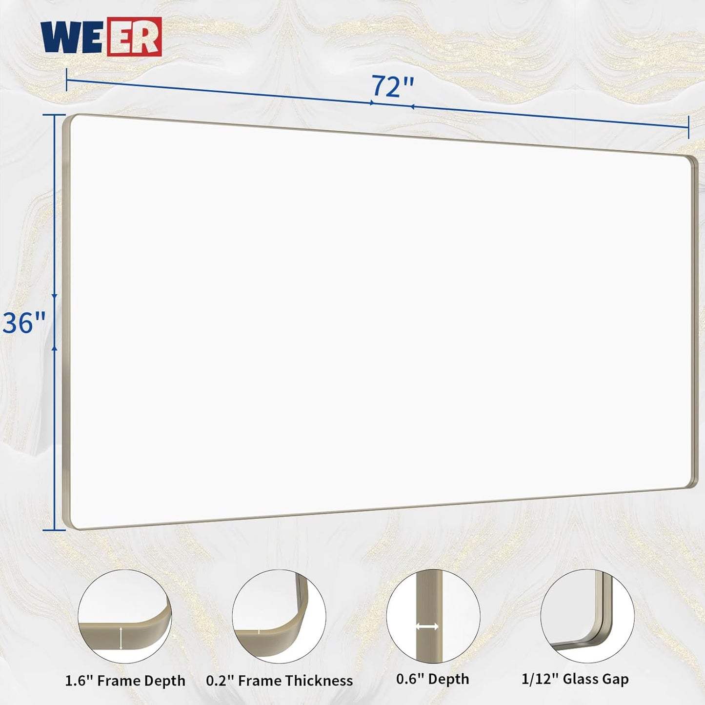 WEER 72X36 Inch Brushed Nickel Bathroom Mirror, Brushed Silver Metal Frame Mirror, Rounded Rectangle Silver Bathroom Vanity Mirror, Tempered Glass, Anti-Rust, Hangs Horizontally or Vertically