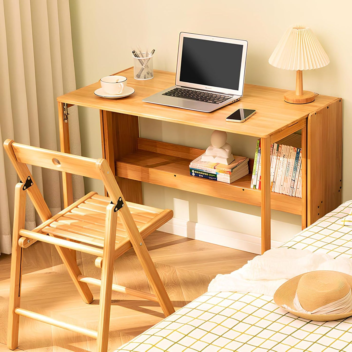 Bamboo Folding Desk Mid Century Modern Desk for Home Office Bedroom Small Spaces, Natural,40.55" Long Desktop