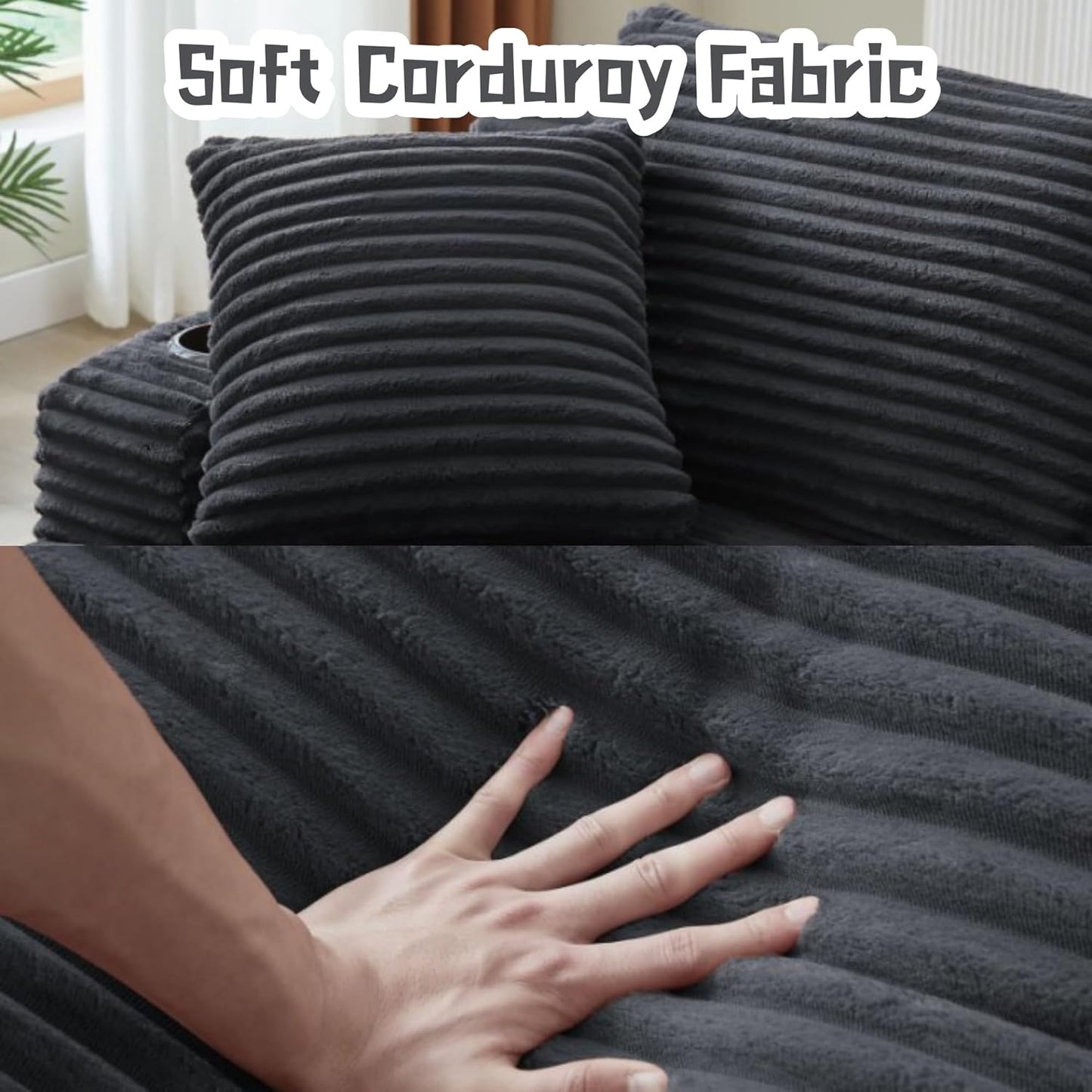 Oversized Sectional Double Chaise Lounge, Compressed Boneless Lounge Chaise with Cupholders, Boneless Sofa with Deep Seat, Fluffy Modern Sleeper Loveseat for Indoor Living Room, Dark Grey