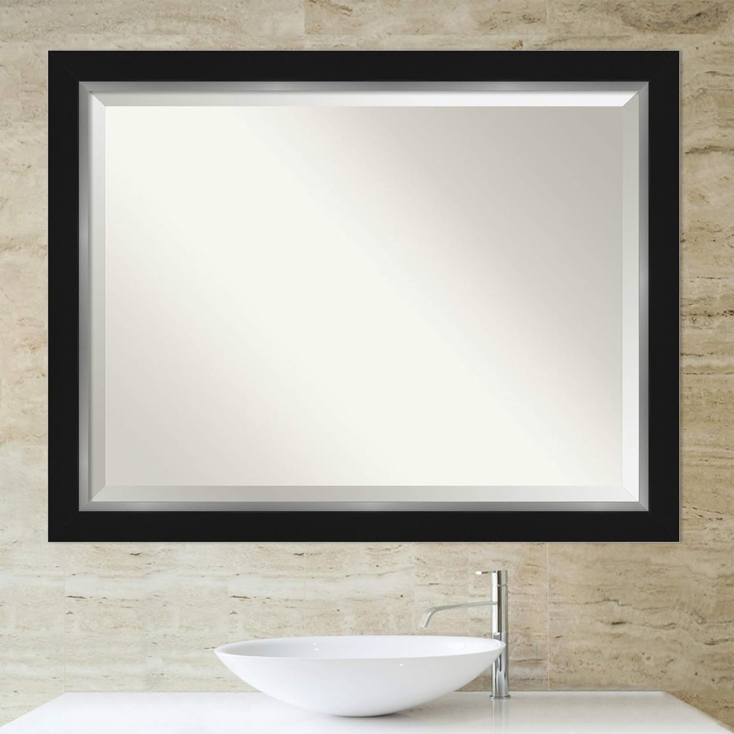 Amanti Art Black Bathroom Mirror for Over Sink, 36x46 Eva Black Silver Rectangle Vanity Mirror, X-Large Modern Contemporary Frame, Hangs Horizonally and Vertically, Bathroom Wall Decor, Beveled Edge