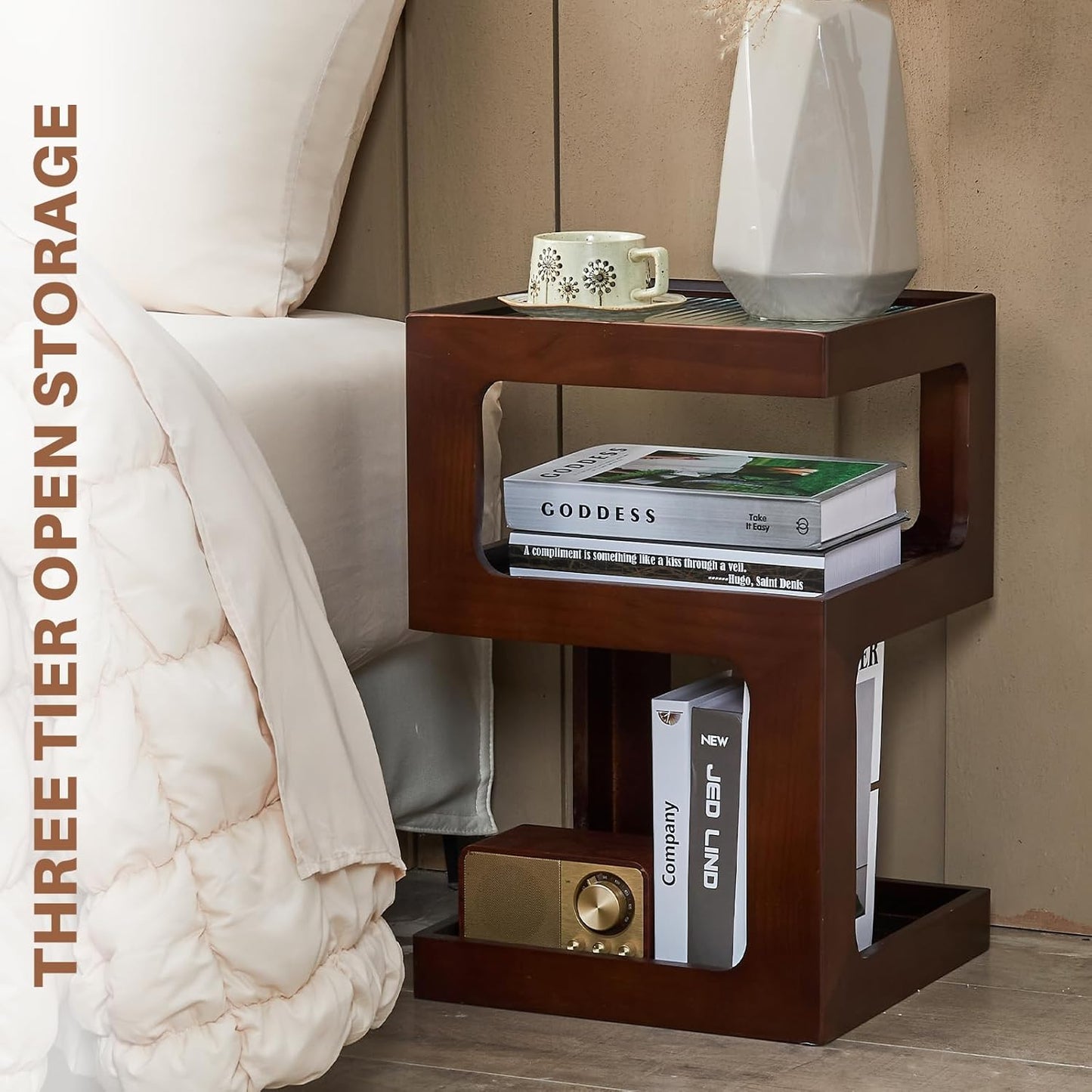 Uniclinens Bookshelf Nightstand 3-Tier Storage, End Side Table with Tempered Glass Desktop, Modern Solid Wood Bedside Table for Bedroom Living Room, Walnut