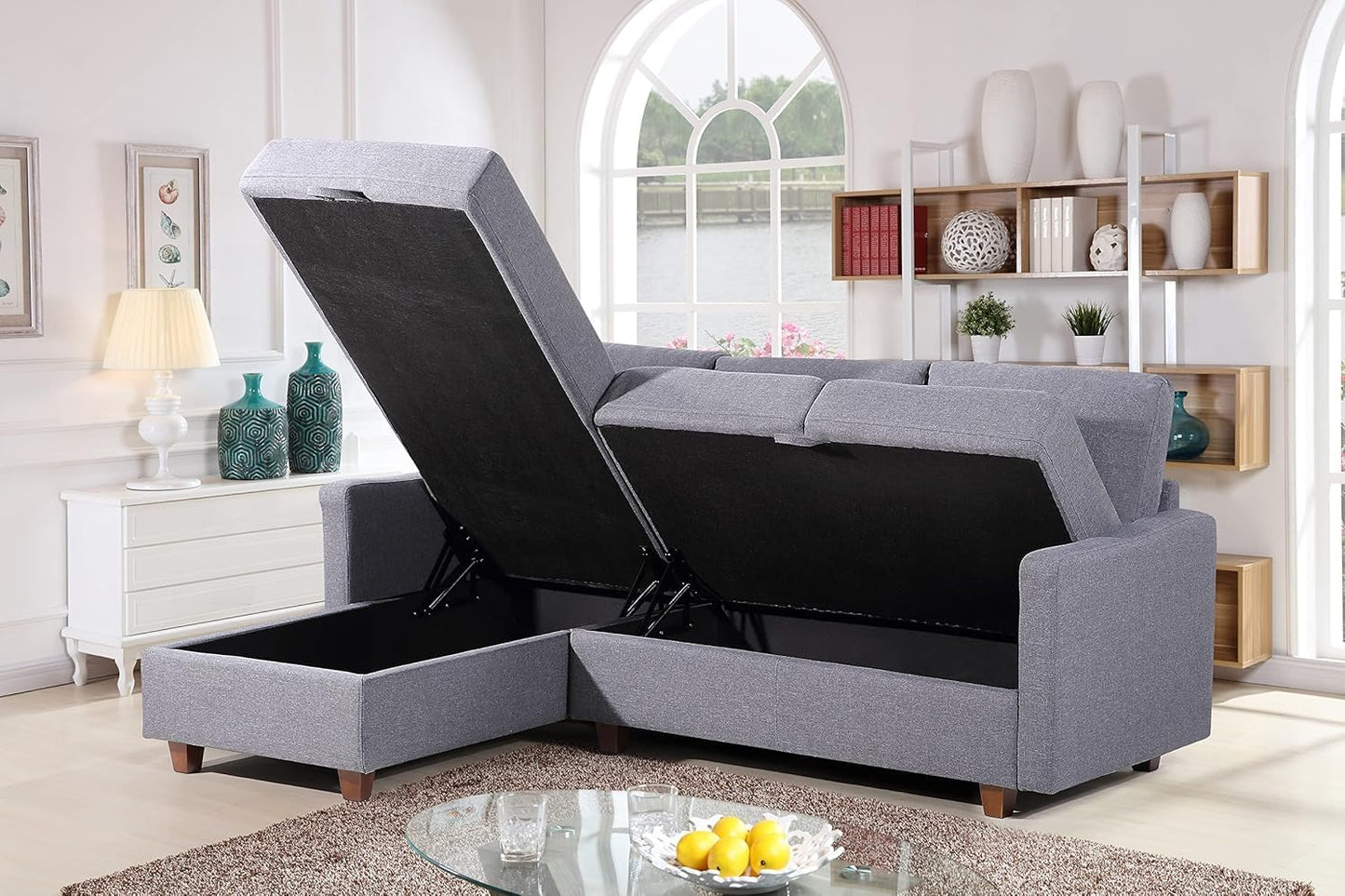 Container Furniture Direct Sectional Sofa with Storage – Modern Upholstered Living Room Couch, Reversible Chaise for Home, Apartment, Office, 81.9” L, Dark Grey