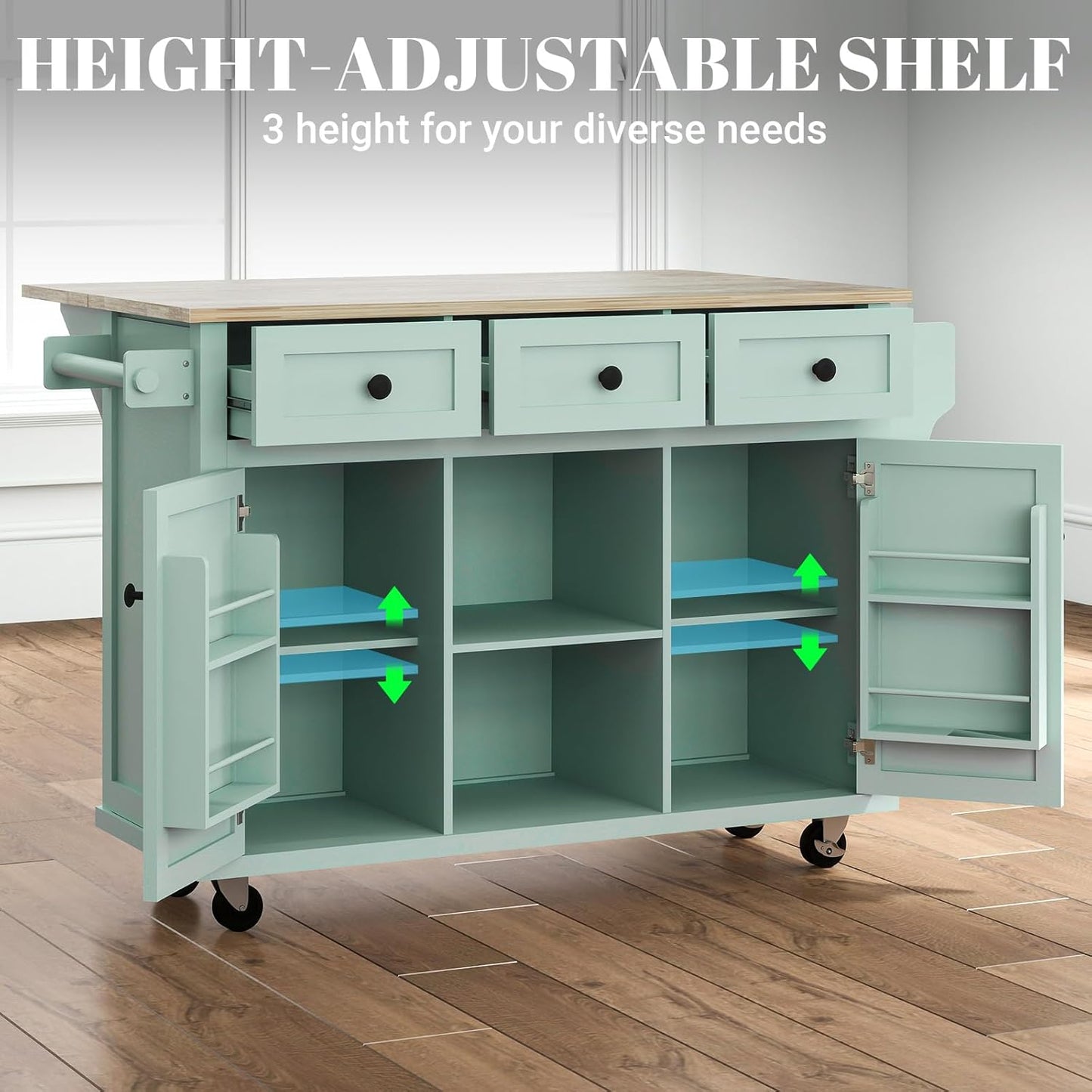 Rovibek Rolling Kitchen Island with Drawer, Kitchen Island Cart with Storage, Portabl Island for Kitchen with Large Storage Cabinet, Shelf and Drawer, 53 Inch Width, Green