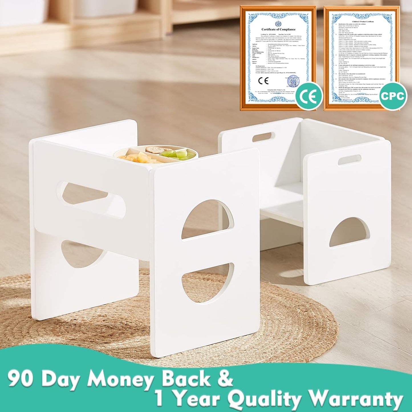 FUNLIO Height Adjustable Montessori Table and Chair Set for Age 1-3, Solid Wood Toddler Table and Chair Set, Weaning Baby Table Chair Set for Reading/Eating/Playing, Easy to Assemble - White