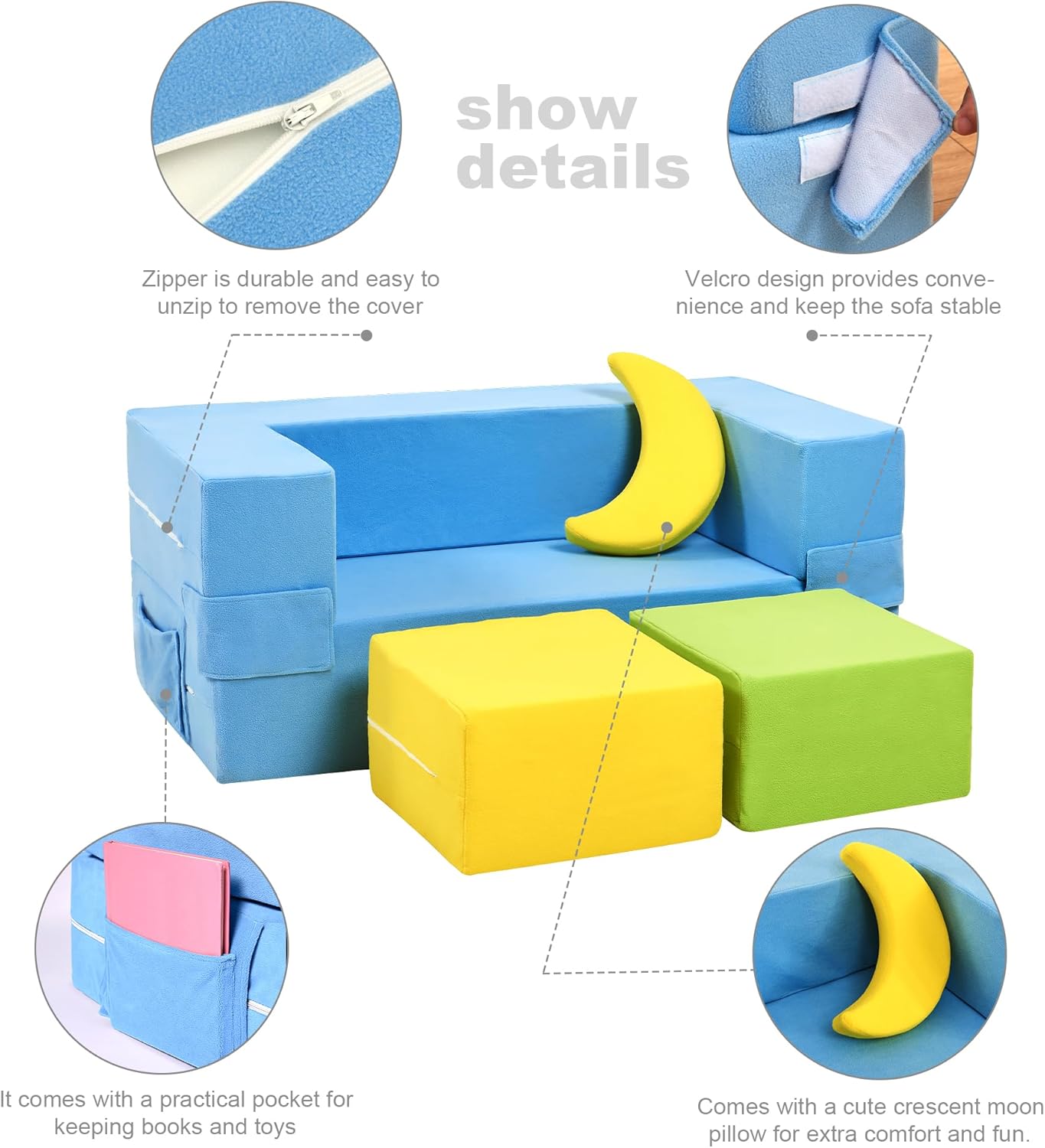 Modular Kids Sofa,Toddler Couch Foam Armchair for Kids,Children Convertible Plush Sofa Play Set,Fold Out SofaBed(Dynami Color)