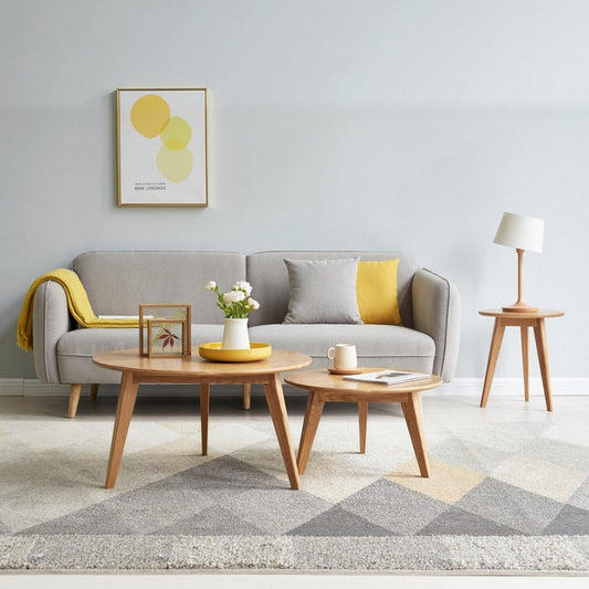 100% Solid Oak Wood Coffee Table Set, Round Coffee Table Combo Side Table w/Solid Wood Legs, Mid Century Table Sturdy Tables for Bedroom Balcony Living Room (Natural, 3 Pieces)