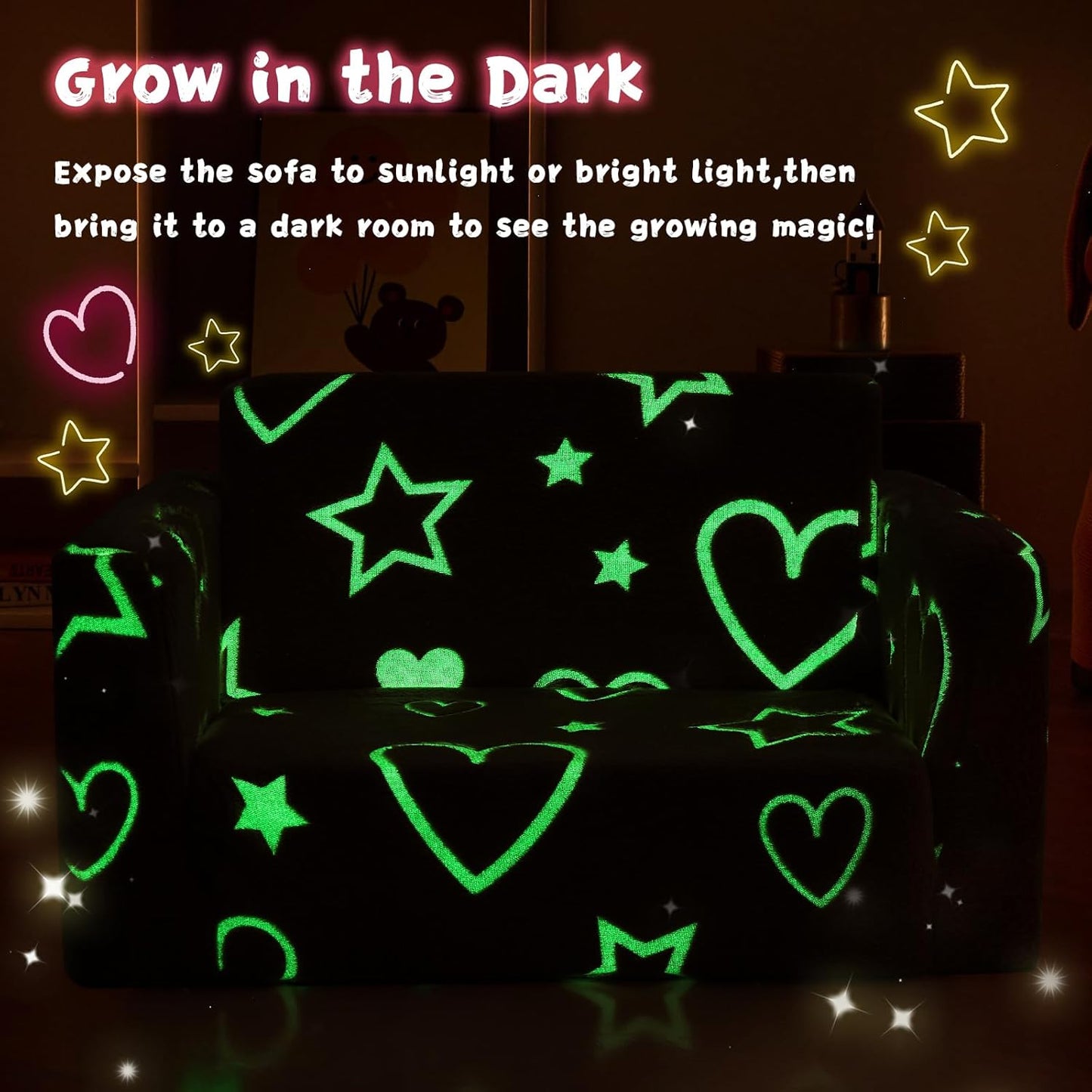 Toddler Chair Comfy,2-in-1 Soft Toddler Couch Fold Out for Kids,Convertible Sofa to Lounger,Gift for Girls and Boys Birthday,Heart,Large