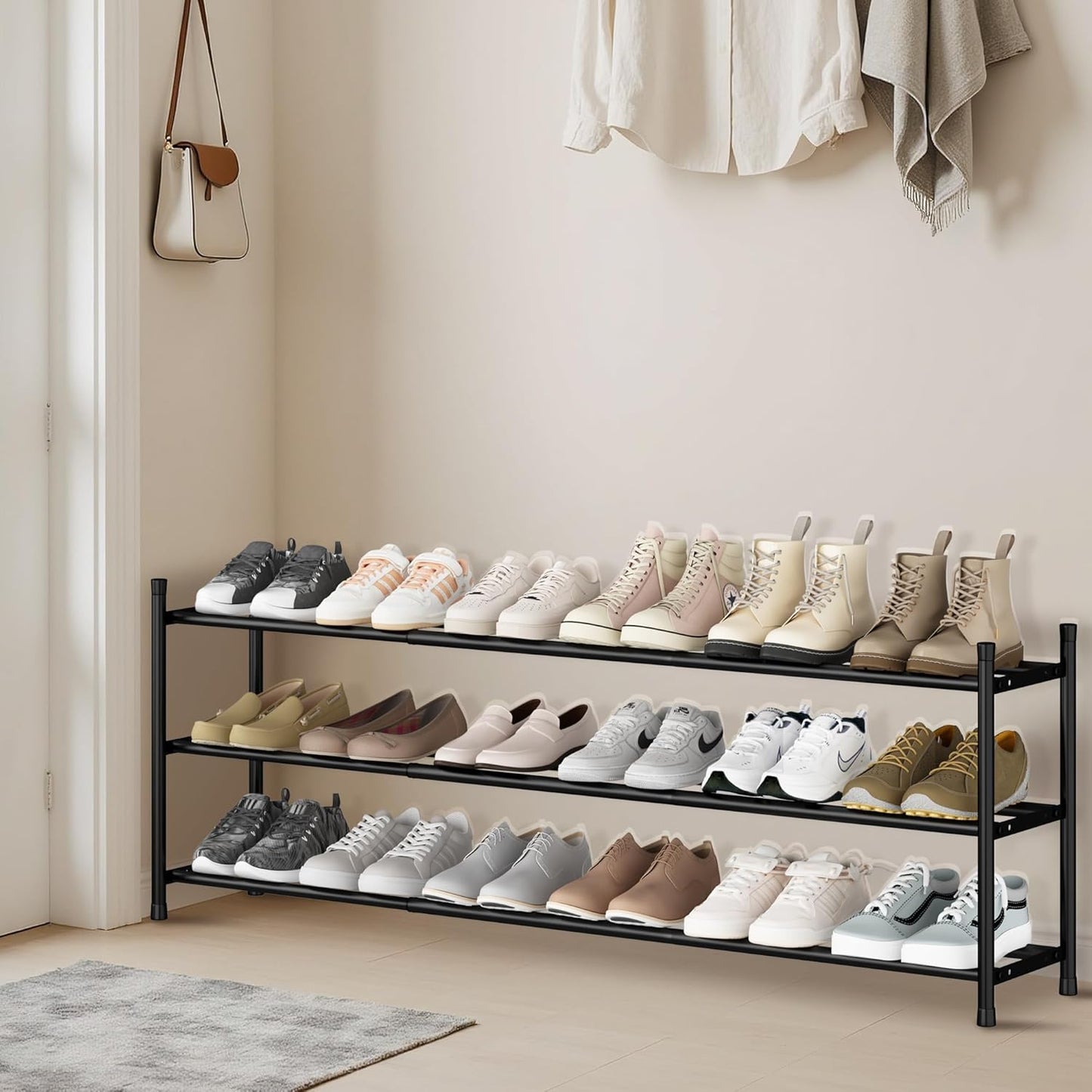 STORAGE MANIAC Long Expandable Shoe Rack, 18 Pairs Metal Wide Stackable Shoe Rack, Adjustable Shoes Shelf, Freestanding Shoes Organizer for Closet, Entryway, Hallway, Garage, Front Door, 3 Tiers