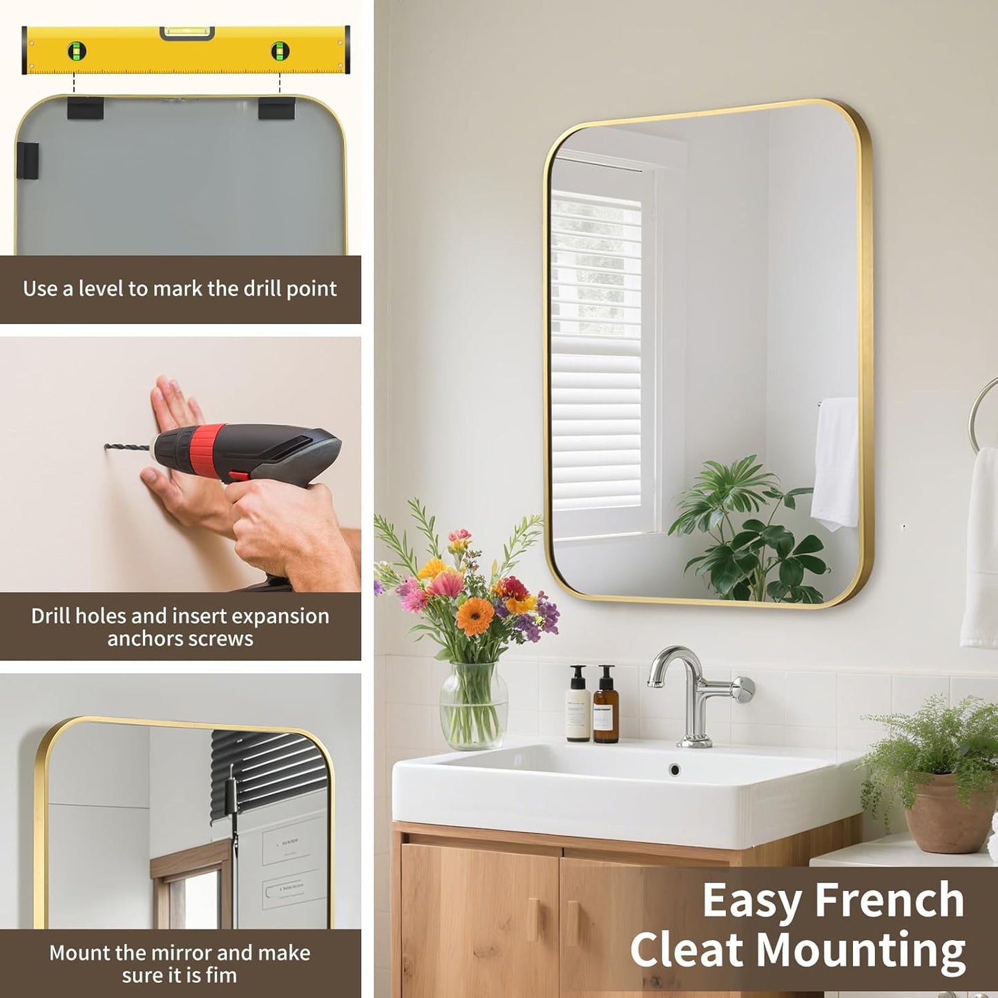 Gold Bathroom Mirror, 24x36 Inch Aluminum Frame Rectangle Mirror, Anti-Rust, Tempered Glass, Wall Mirror for Over Sink, Vanity, Bedroom, Entryway, Horizontal/Vertical