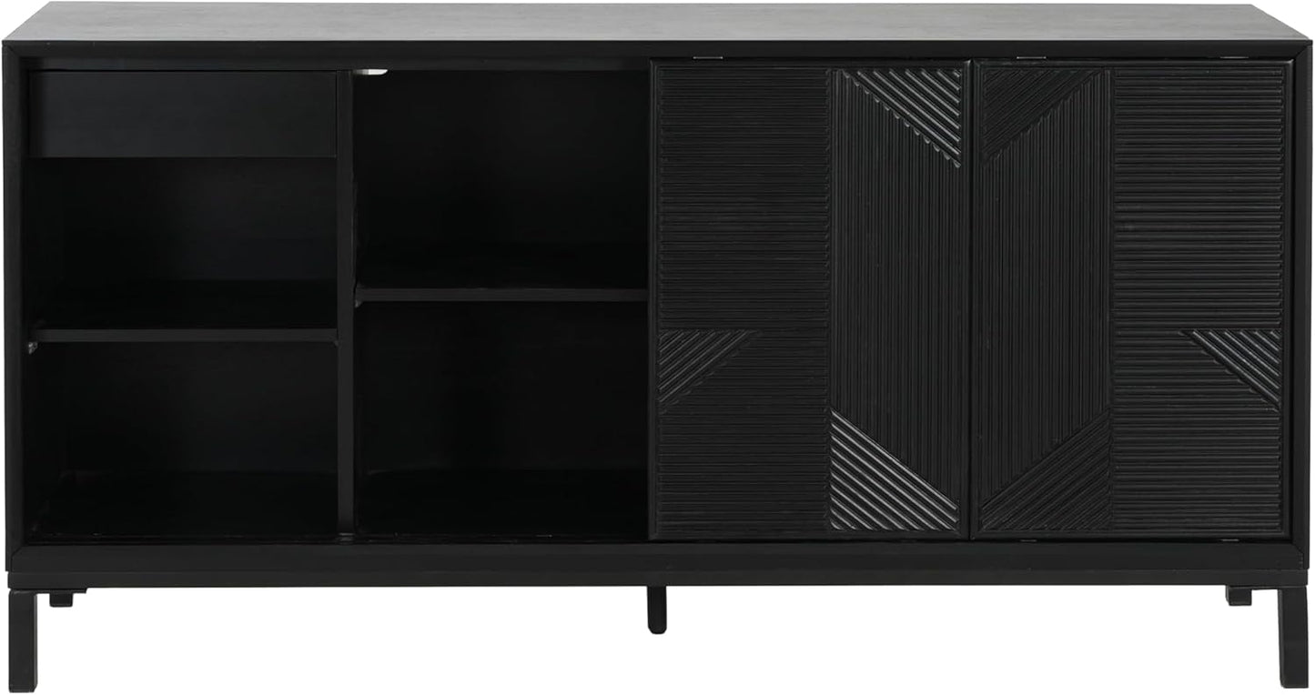 Merax Modern Geometric Accent Cabinet, Vertical Striped Design Sideboard Buffet with Two Drawers, Sliding Doors, Wood Veneer Top, Minimalist Storage Cabinet for Study, Entryway and Living Room, Black