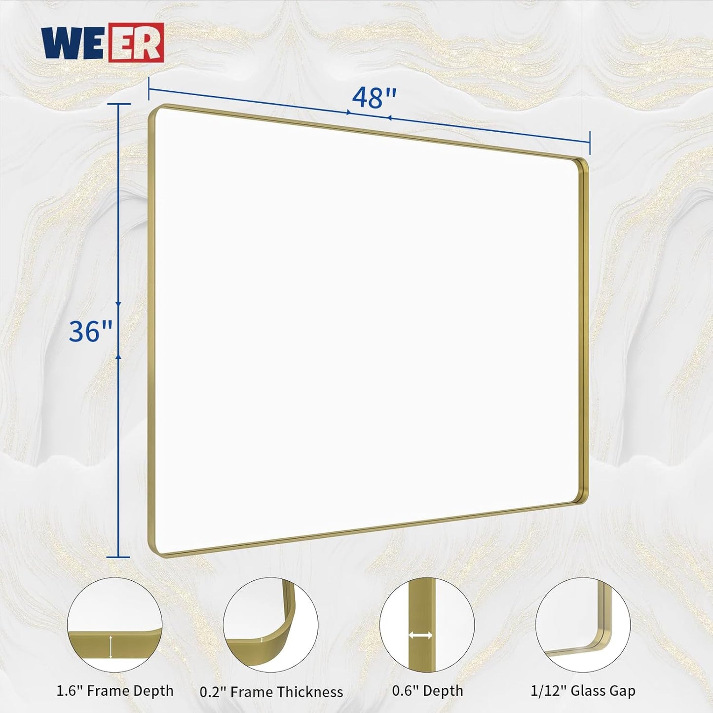 WEER Gold Bathroom Mirror, 48X36 Inch Brushed Gold Metal Frame Mirror, Rounded Rectangle Gold Bathroom Vanity Mirror for Wall, Tempered Glass, Anti-Rust, Hangs Horizontally or Vertically