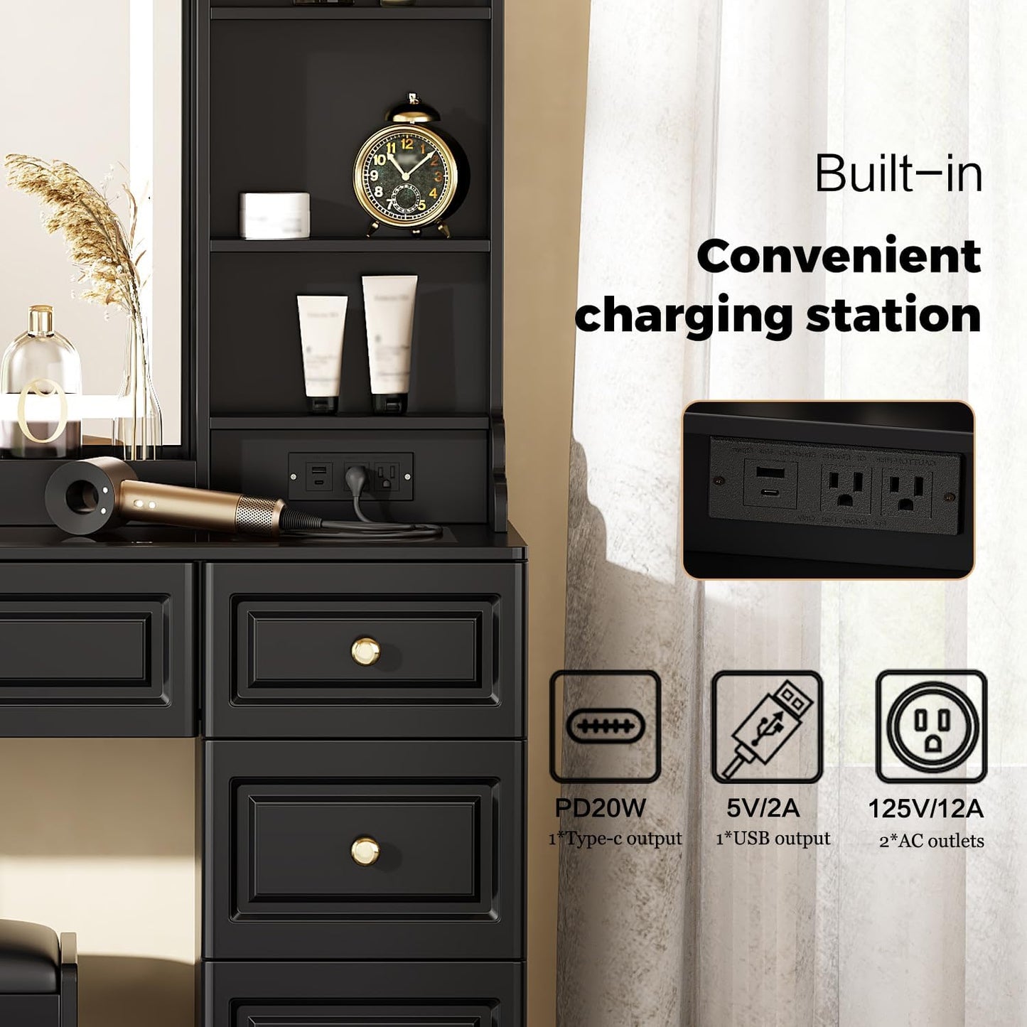 43" Makeup Vanity Desk with Mirror and Lights, & Power Outl, Glass Top Big Vanity Table with 9 Drawers& 8 Storage Shelves, Dressing Table Set with Chair for Bedroom, Black