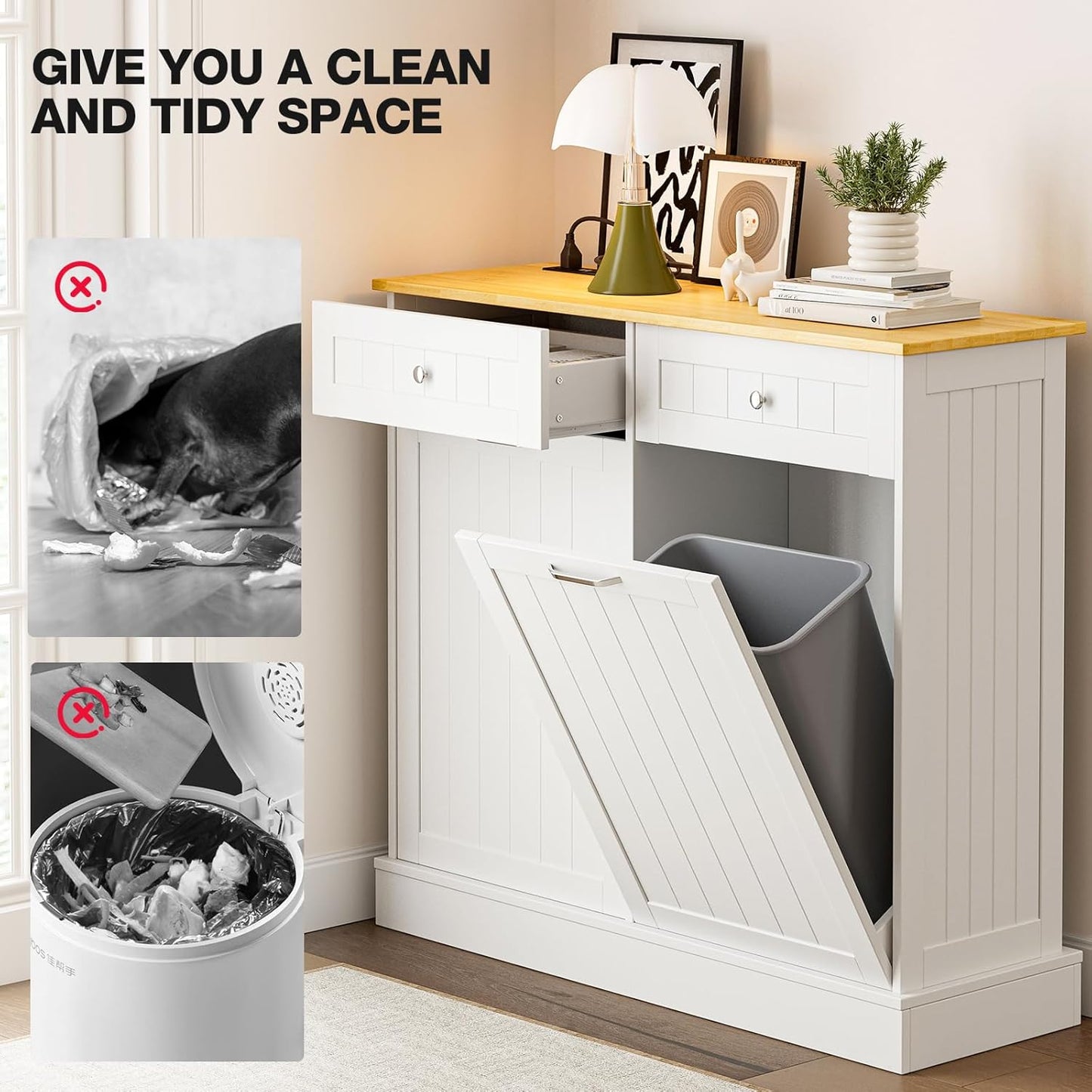 GAZHOME 20 Gallon Double Tilt Out Wooden Trash Cabinet with Charging Station, Upgrade Free Standing Recycling Cabinet with Outlet,White