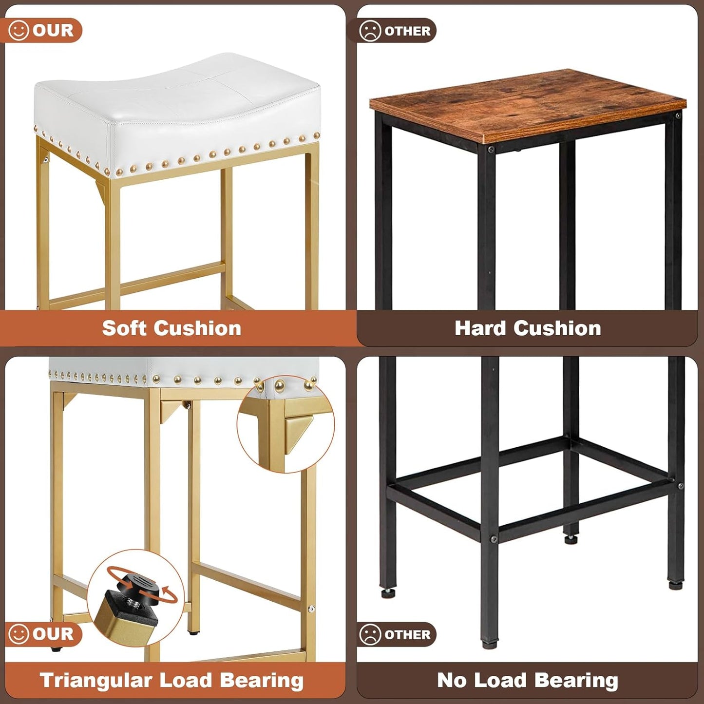 Bar Stools Set of 4 Counter Height, 24" Modern Off White & Gold Counter Stools Set of 4, Stools for Kitchen Counter, Modern Barstools Saddle Stool Backless Island(Off White+Gold)