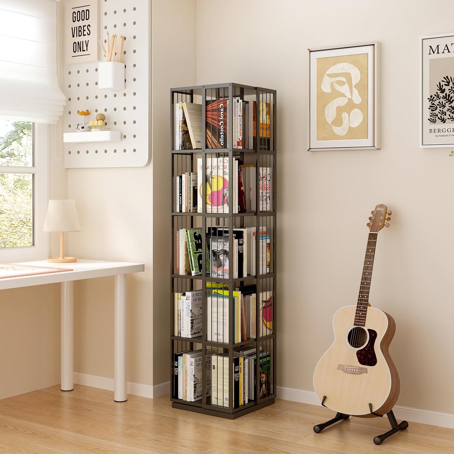 Square Rotating Bookshelf Tower - 360 Spinning Display Corner Bookcase for Narrow Space, Modern 5-Tier Revolving Storage Shelf, Black