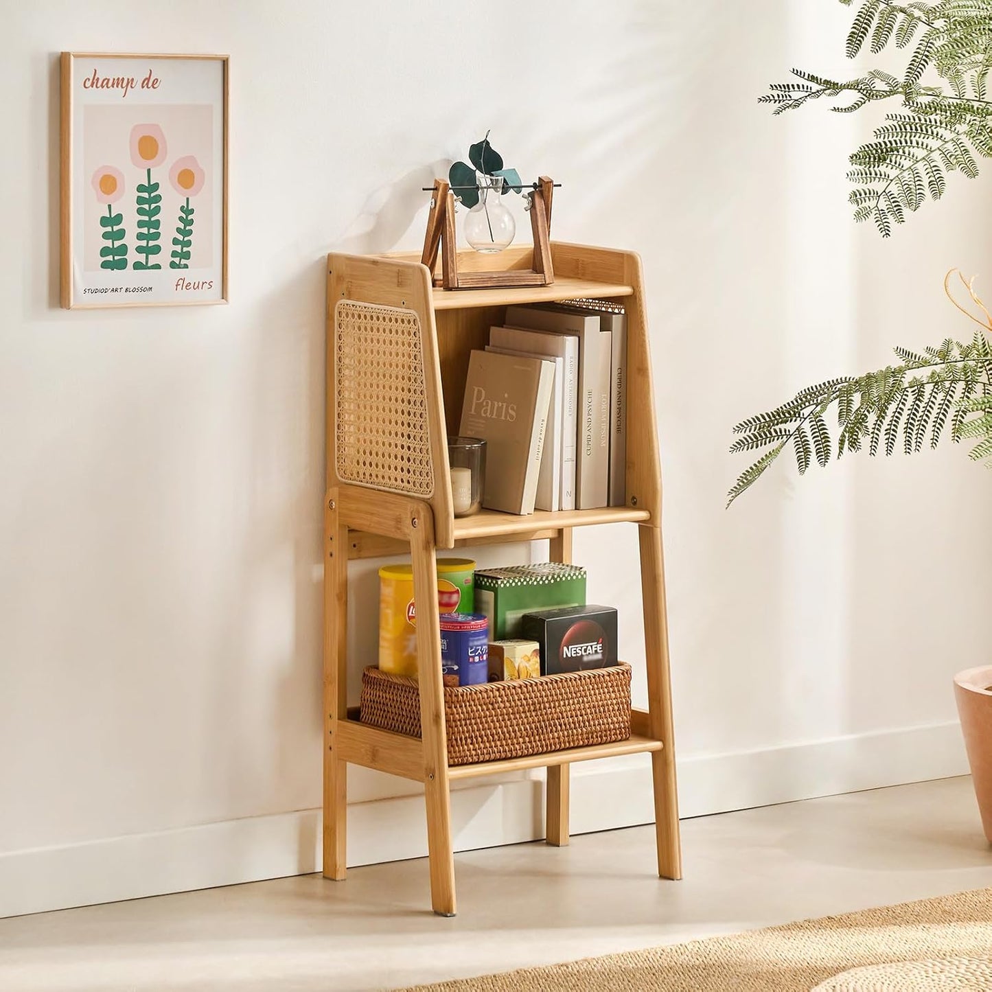 Welnow Bamboo Rattan Bookcase with Cabinet, 1-Tier Storage Shelf with Side Table & End Table Function, Large Modern Wood Organizer for Living Room or Bedroom, Natural Bookshelf