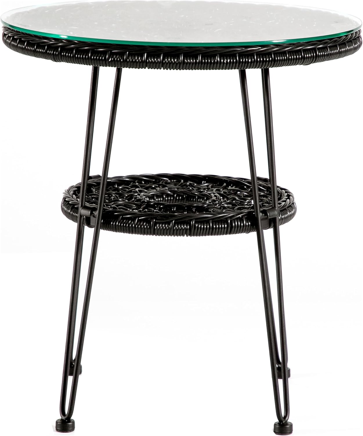 Muse & Lounge Co. Ysar Boho 19-inch Round Coffee Table Outdoor with Tempered Glass Top and Metal Frame, Handcrafted Coastal Furniture for Patio, Poolside, Garden, Yard, Black