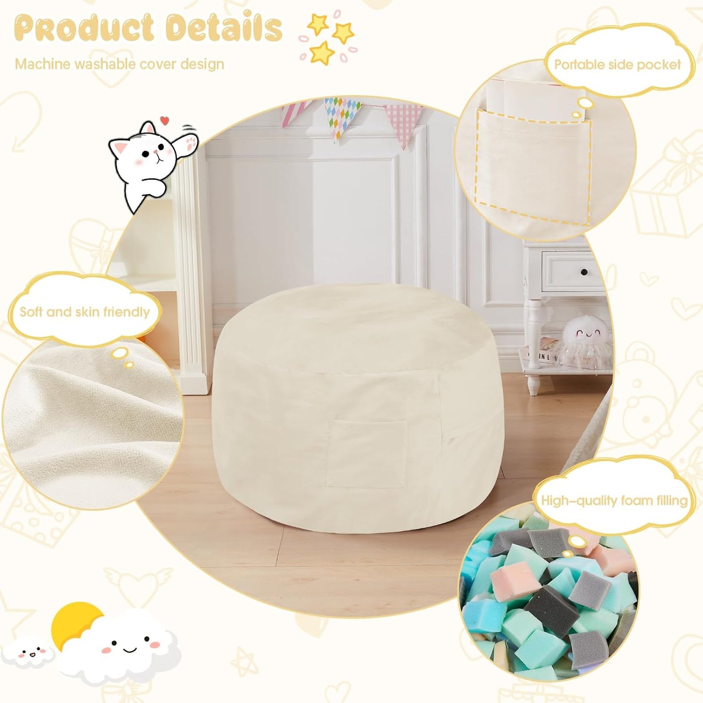 Kids Bean Bag Chair Bed - Convertible Lazy Chair to Floor Mattress with Filler - Small Beanbag Chair for Boys and Girls - Floor Couch Sofa in Bedroom, Classroom, Reading Nook - Beige