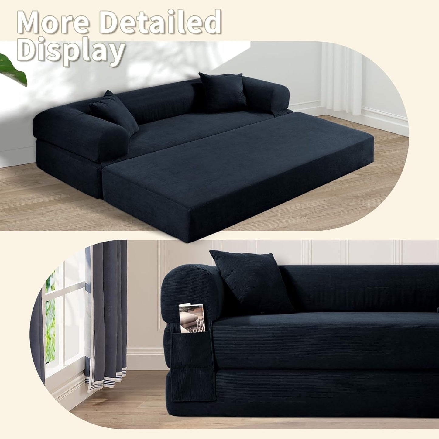 80" Convertible Sofa Bed, Corduroy Deep Seat Folding Pull Out Couch with Pillows, No Assembly Modern Boneless Couch Compression Sofa in Box, Floor Sofa with Storage Pocket for Living Room,Navy Blue