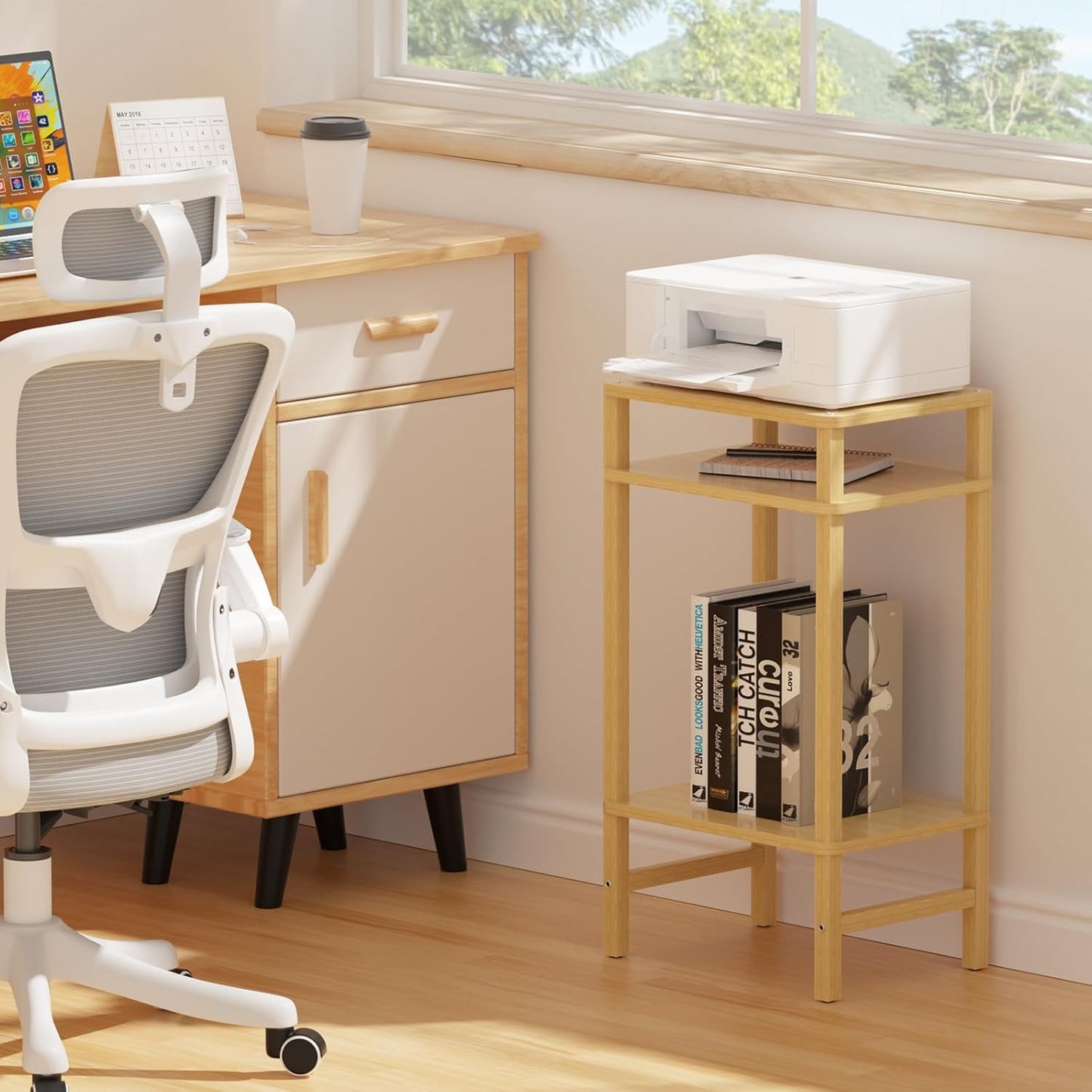 28in Tall Bamboo Side Table 3-Tier Small Narrow End Table, Skinny Nightstand for Small Space, Farmhouse Slim Night Stand with Storage for Couch, Wooden Thin Bedside Table, Natural