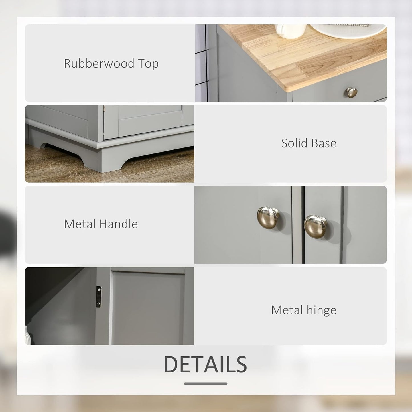 HOMCOM Sideboard with Solid Wood Countertop, Modern Kitchen Storage Cabinet, Coffee Bar Cabinet with 3 Drawers, Doors and Adjustable Shelf, Gray