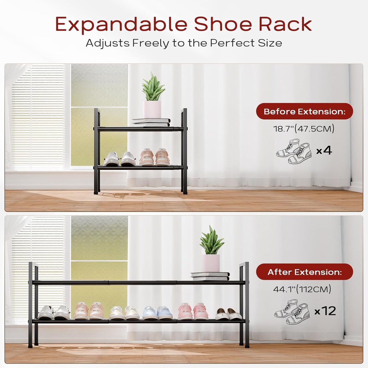 Bumusty 2-Tier Long Expandable Shoe Rack for Closet, 18"-44" Adjustable Shoe Rack for Entryway, 10-12 Pairs Large Shoe Organizer Shelf Storage, Sturdy Metal, Black