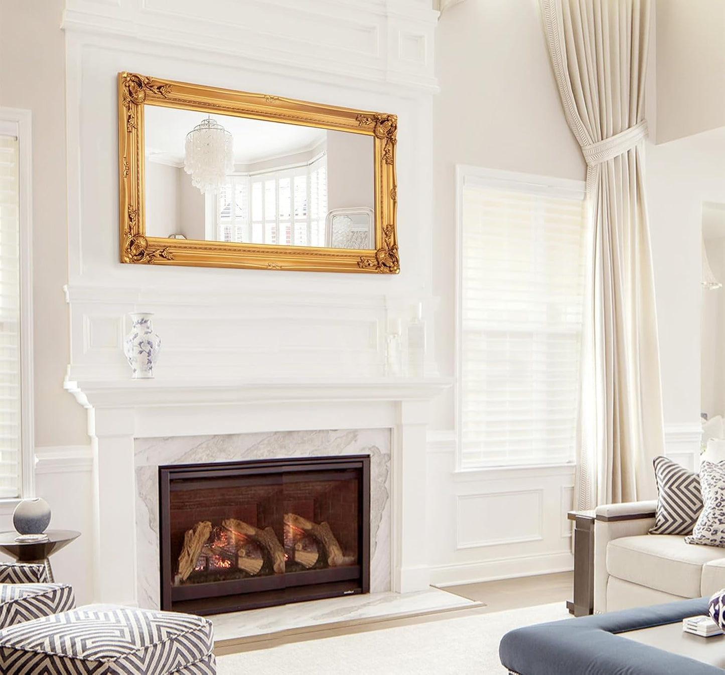 Large Decorative Mirrors for Living Room, 49.6''x25.9''Gold Vintage Dining Room Mirror with Ornate Frame, Traditional Baroque Entryway Mirror, Horizontal/Vertical