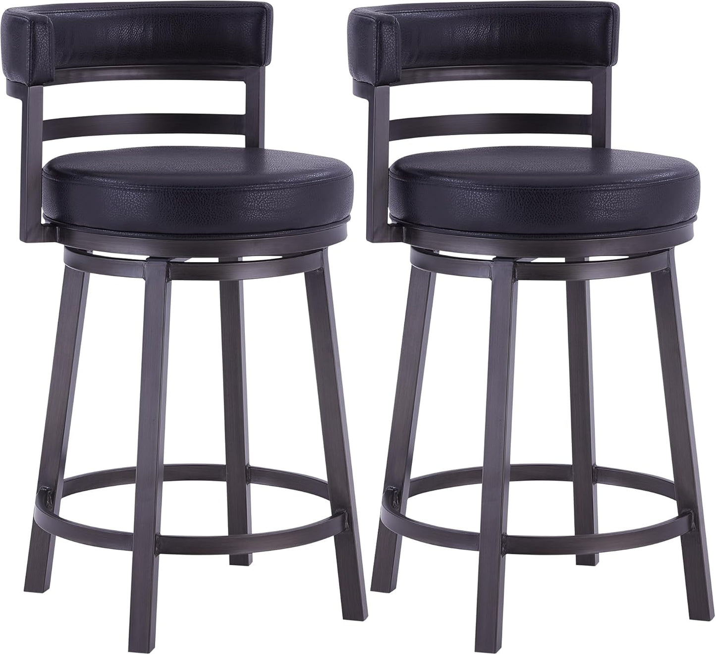 Armen Living Madrid 26" Seat Height Swivel Ford Black Faux Leather and Mineral Finish Bar Stool for Kitchen Island Counter, Set of 2