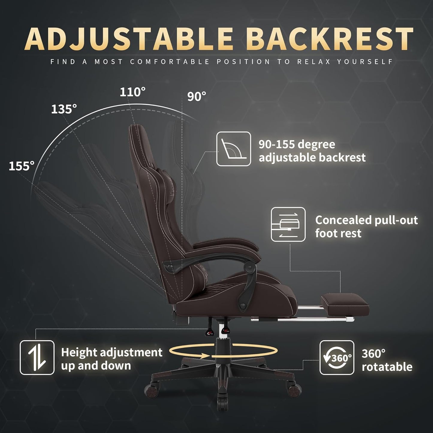 Gaming Chair, 400 lbs Adult Chair, High Back Computer Chair with Footrest and Linked Armrests, Office Video Game Chair with Lumbar Support (Brown)