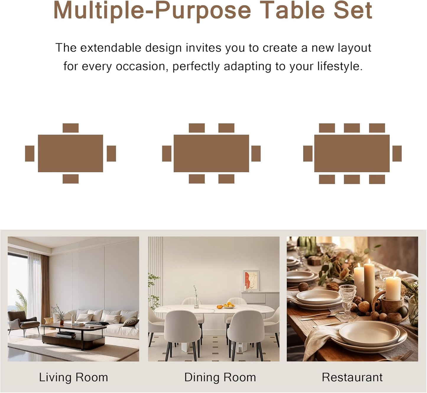 7-Piece Dining Table Set, 63" Extendable Kitchen Room Table with 6 Stools, Mid Century Modern Dinner Table with Metal Frame & MDF Board, Space-Saving, Easy Assembly, Rustic Brown