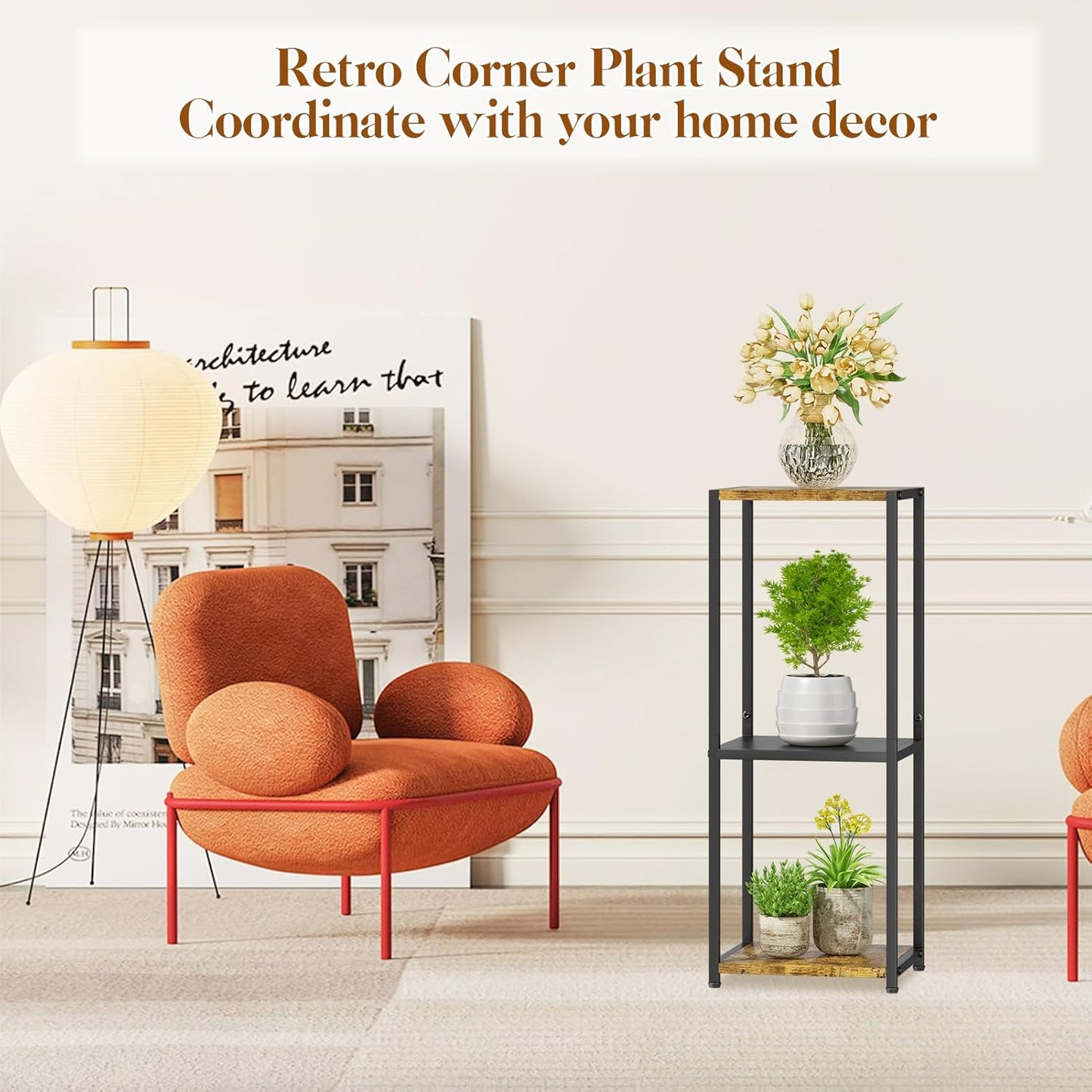 KMOTASUO 3 Tier Tall Plant Stands Indoor, 31 Inch Metal Wood Corner Plant Stand for Indoor Plants, Square Flower Pot Holder Shelf Display Rack for Balcony Garden Patio Living Room(Rustic Brown)