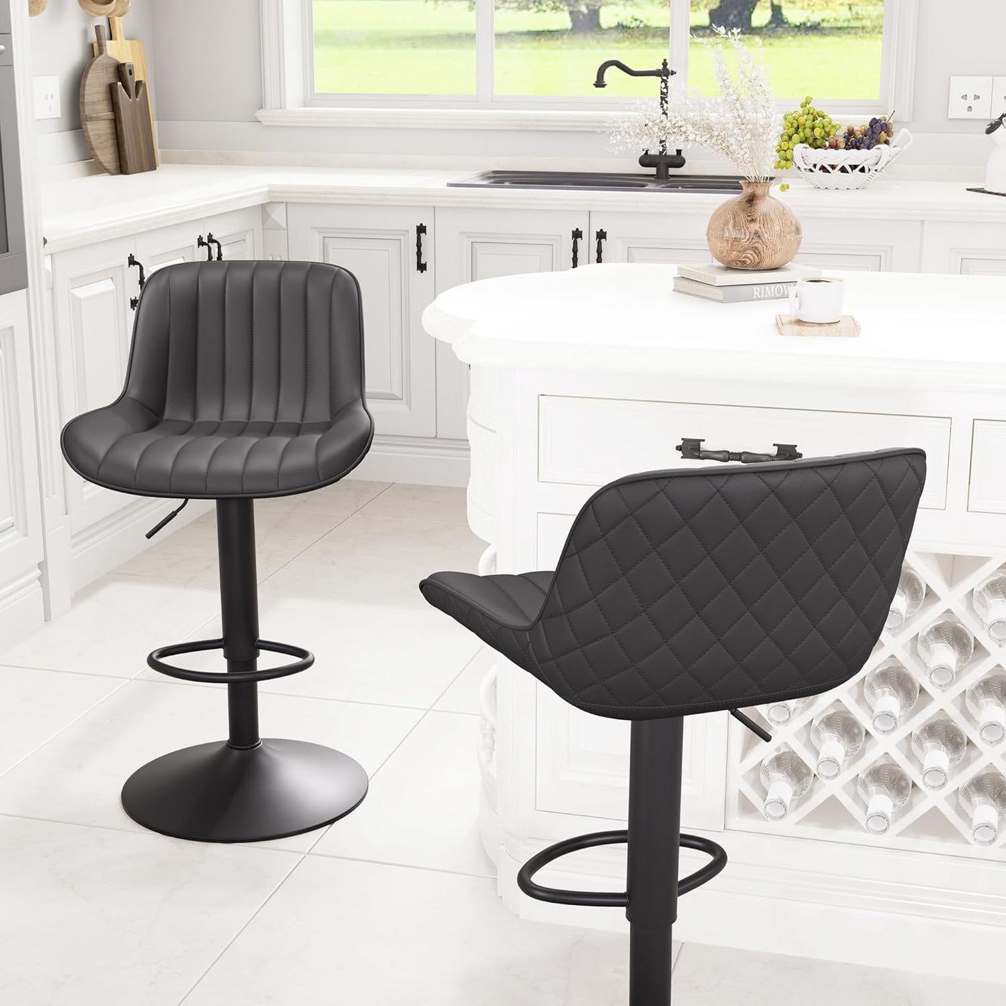 YOUNIKE Black Bar Stools Set of 2 Kitchen Counter Height Barstools Upholstered Swivel Modern Faux Leather Bar Chairs with Backs Adjustable High Breakfast Island Stool with Metal Leg