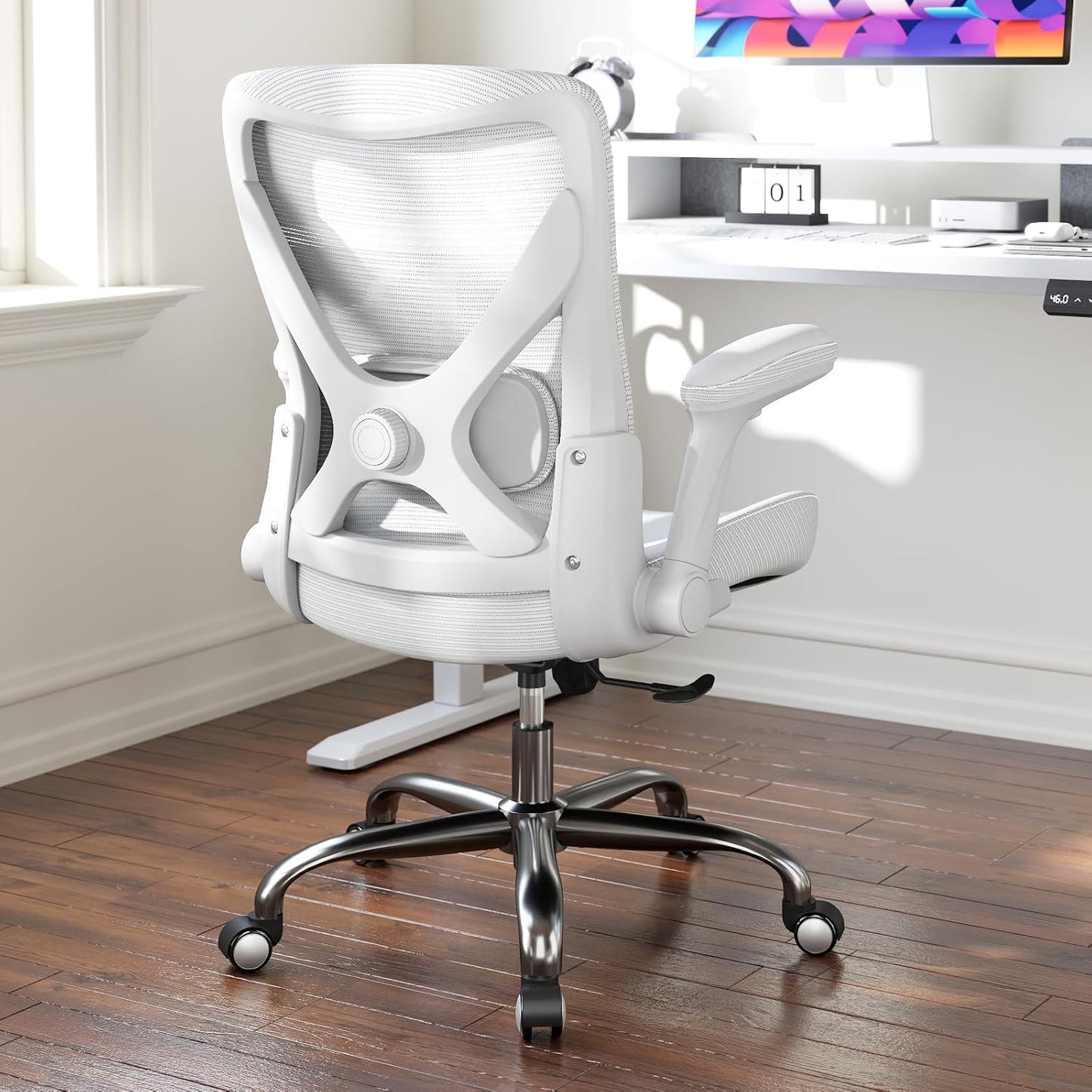 Home Office Ergonomic Chair-Computer PU Leather X-Shaped Desk Chair-Gaming Chair with Adjustable Flip-up Armrests Lumbar Support Mesh Executive Chair for Long Hours Office (White)