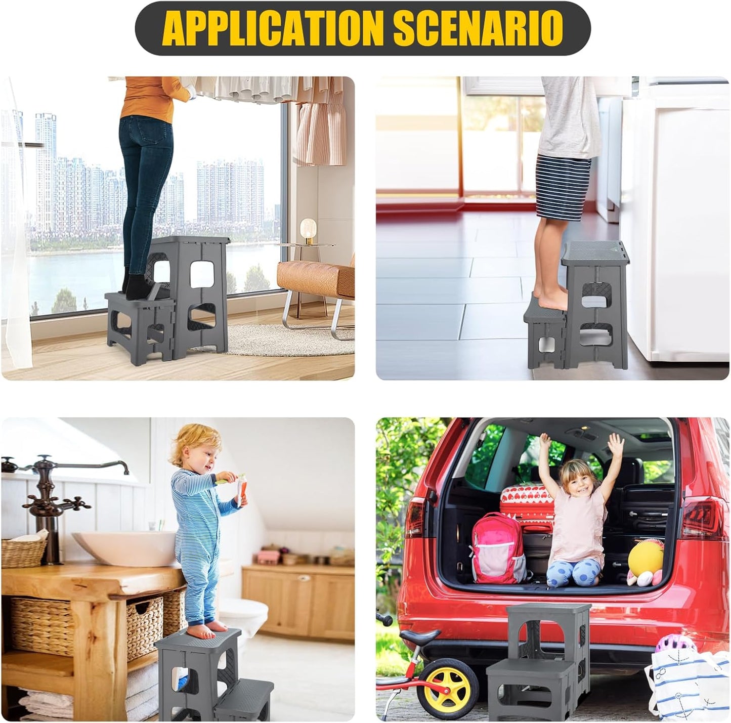 Folding 2-Step Stool for Adults Kids Non-Slip Collapsible Portable Step Stool for Kitchen Home Toilet Bedroom Office Bathroom Rv,Holds 300 Lbs(Grey)