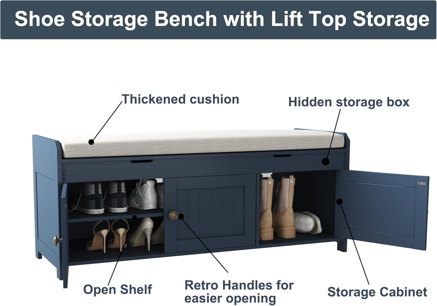 HOMEFORT 41.3" Shoe Bench with Lift Top Storage, Entryway Bench with Cushioned Seat, Wooden End of Bed Bench, Shoe Cabinet Bench with Hidden Storage Space, for Bedroom, Hallway,Blue