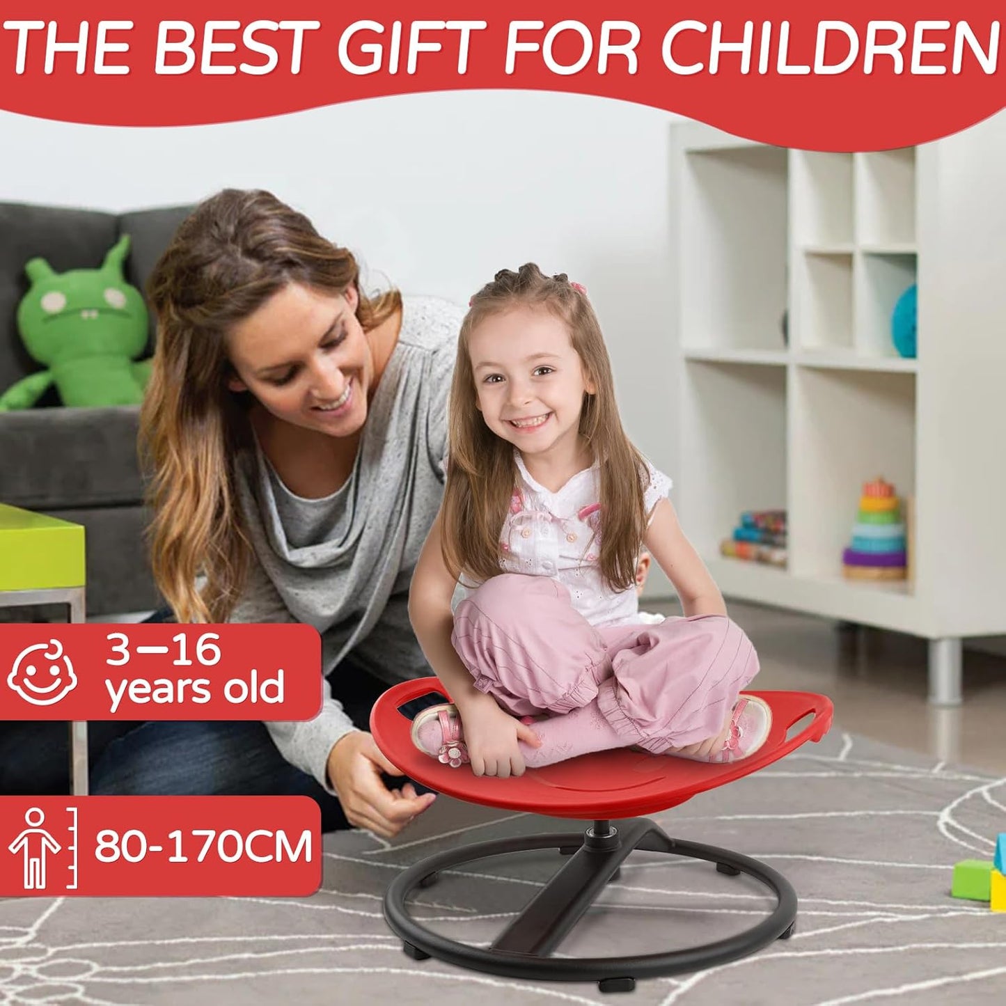 Sensory Spinning Chair for Kids, Sensory Swivel Chair with Handles for Autistic Kids, Training Body Coordination and Balance, Sit and Spin Toys for Autism Toddlers and ADHD Children, Red