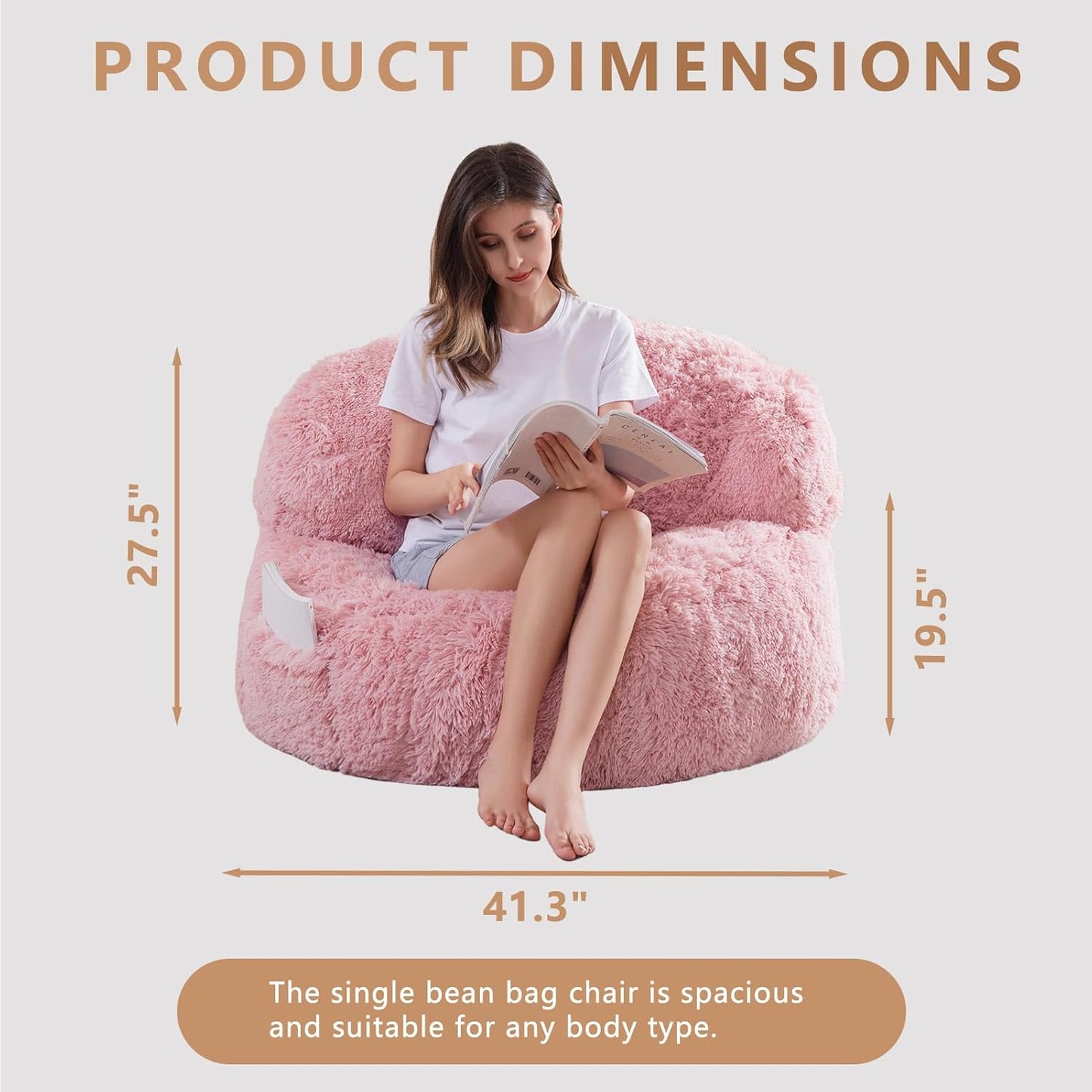 BYBYME Giant Bean Bag Chair, Faux Fur Bean Bag Couch with Filler Large Living Room Bean Bag Chairs for Adults, Big Lazy Sofa Accent Chair with Pocket Floor Chair