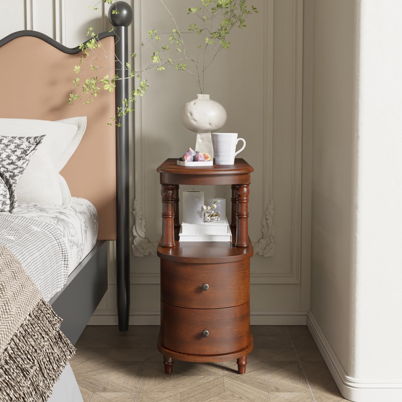 2 Set of Wood End Table with 2 Drawers and Storage Shelf, Narrow Sofa Side Table for Living Room, Vintage Slim Nightstand Bedside Table for Bedroom, Slim Chair Side Table Cherry Walnut A508CY