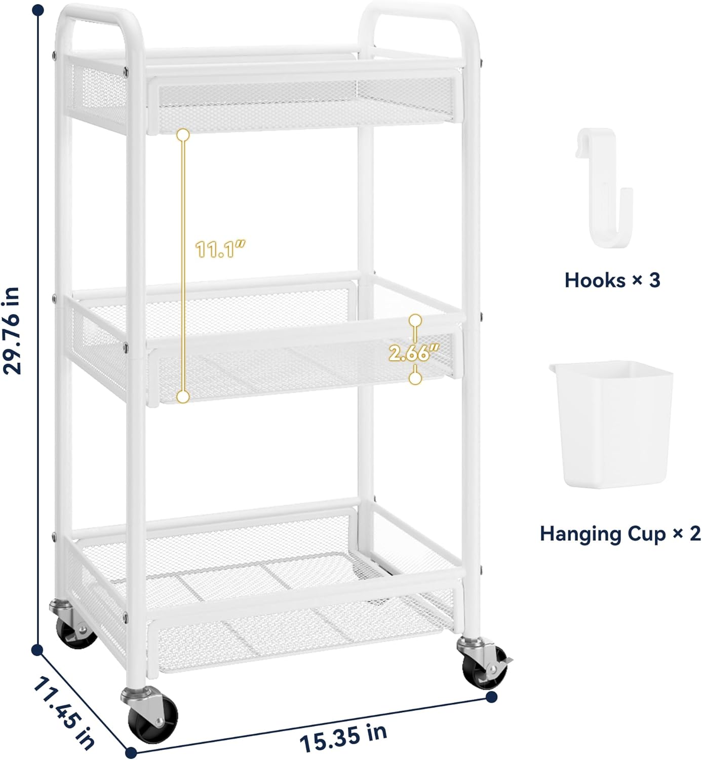 YASONIC 3 Tier Rolling Cart – Metal Utility Storage Cart with Wheels, Craft Carts Organizer with Hanging Cups, Hooks, Mesh Basket for Bedside Kitchen Office Art, White